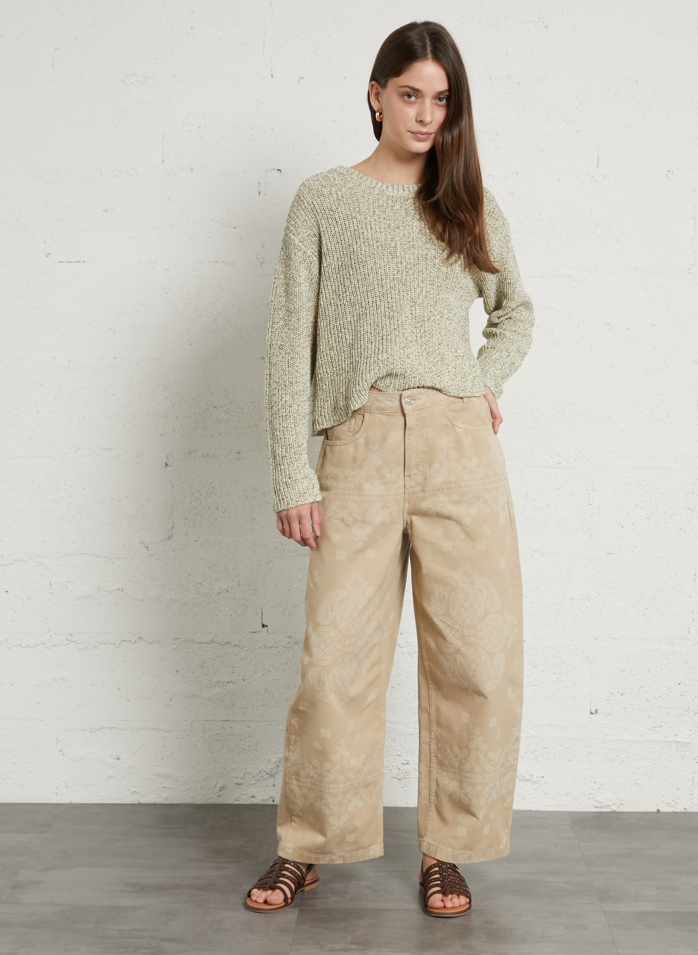 Wide-leg printed cotton jeans BERENICE Beige