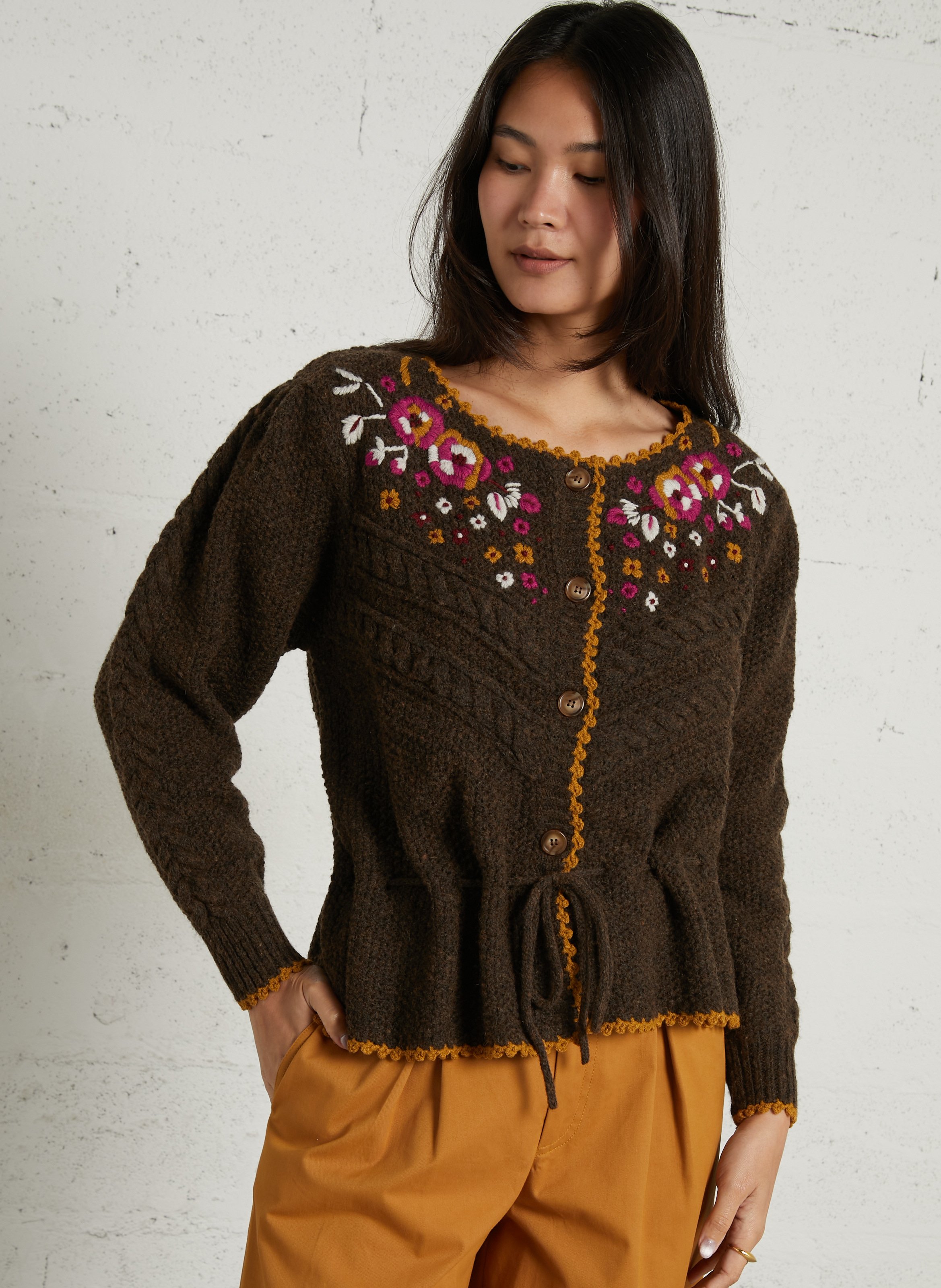 Cardigan droit col rond en maille LOUISE MISHA Marron