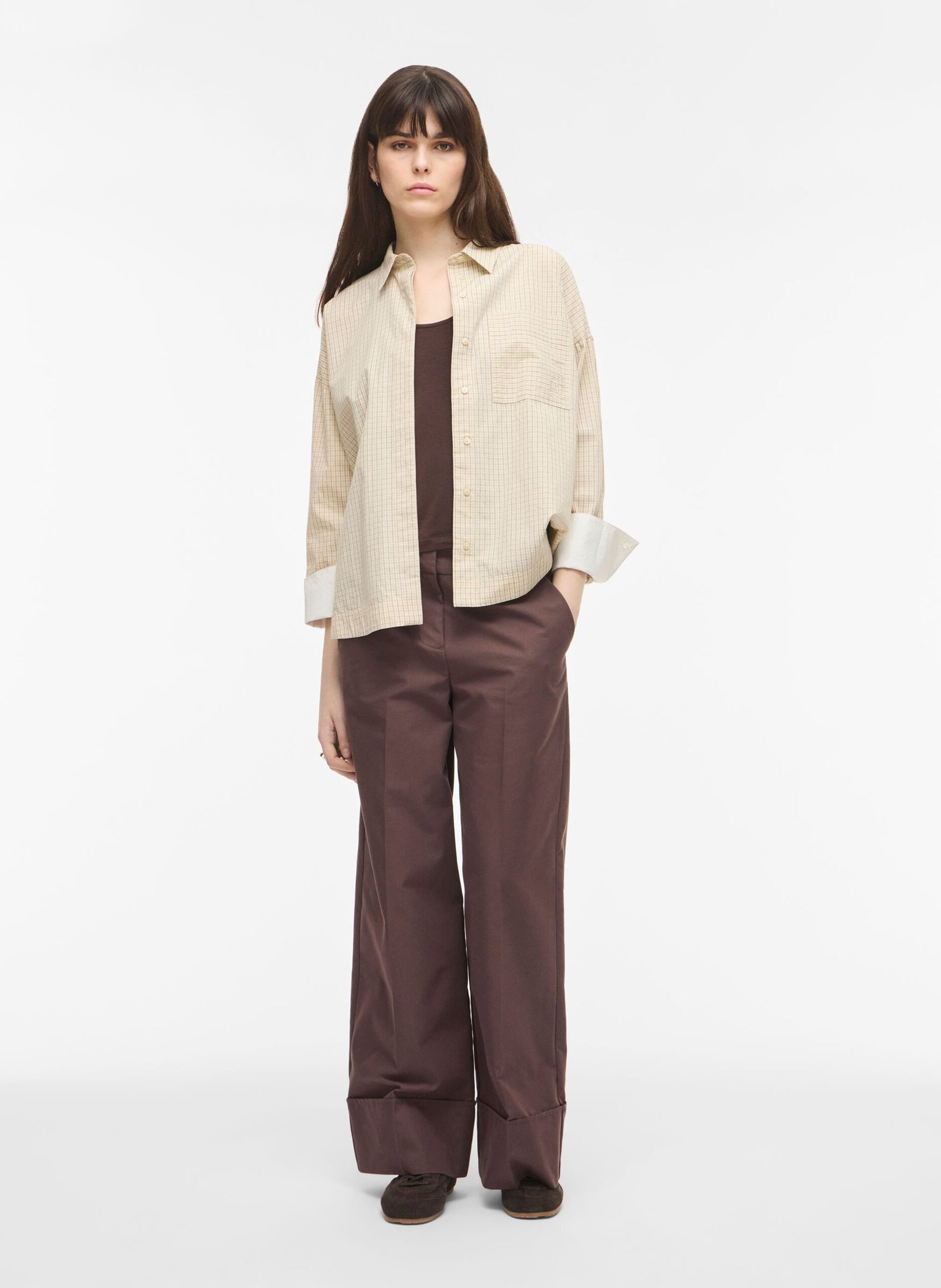 Oversized printed cotton shirt with classic collar ROUGE EDIT Beige