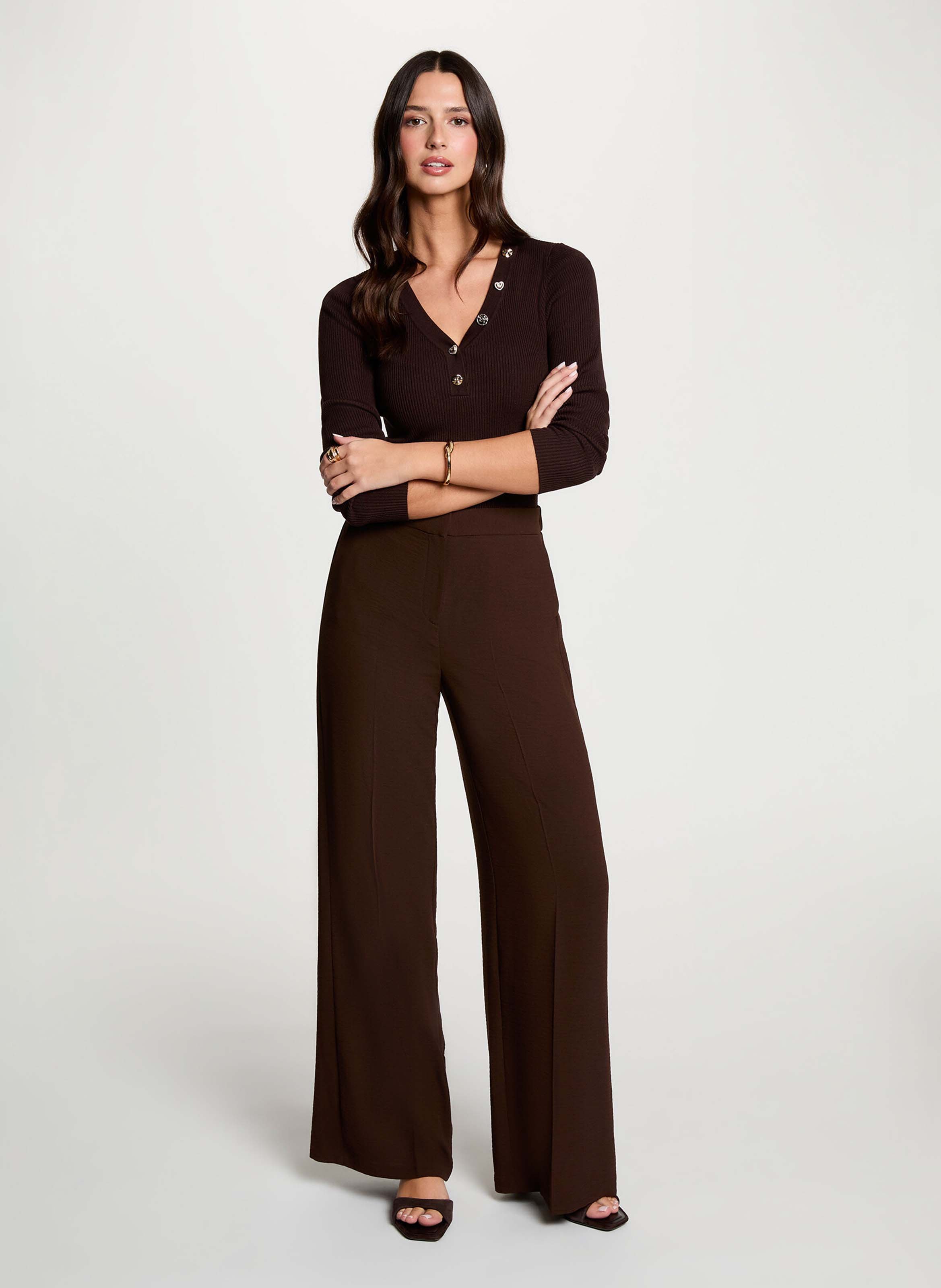 Buttoned V-neck solid color sweater | Brown MORGAN Women