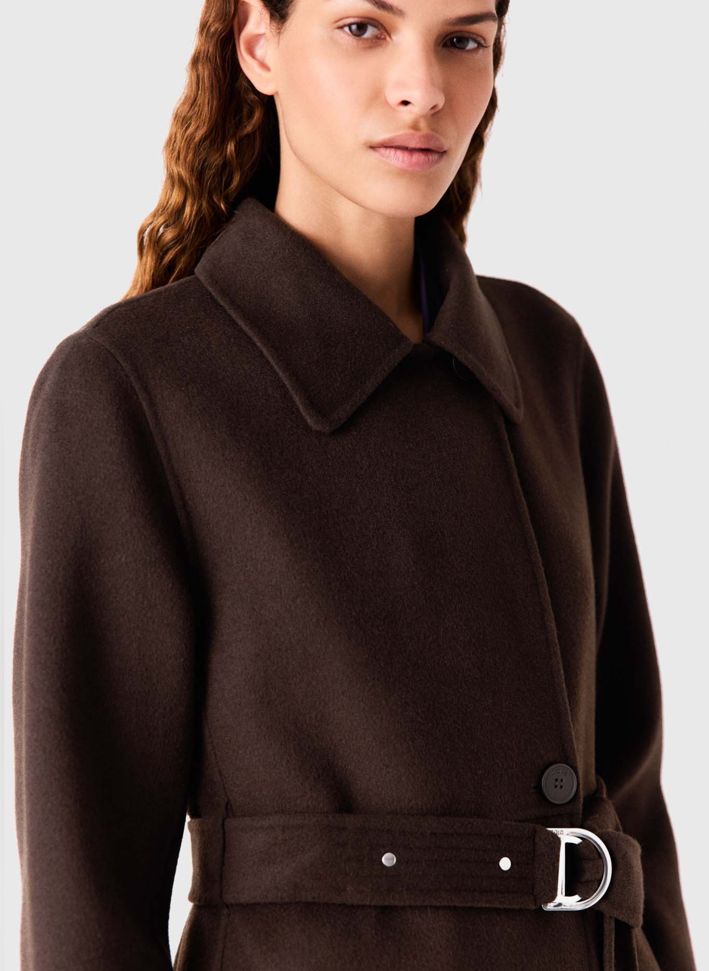 Manteau cintrée col classique à fourrure synthétique en laine mélangée  MAJE Marron