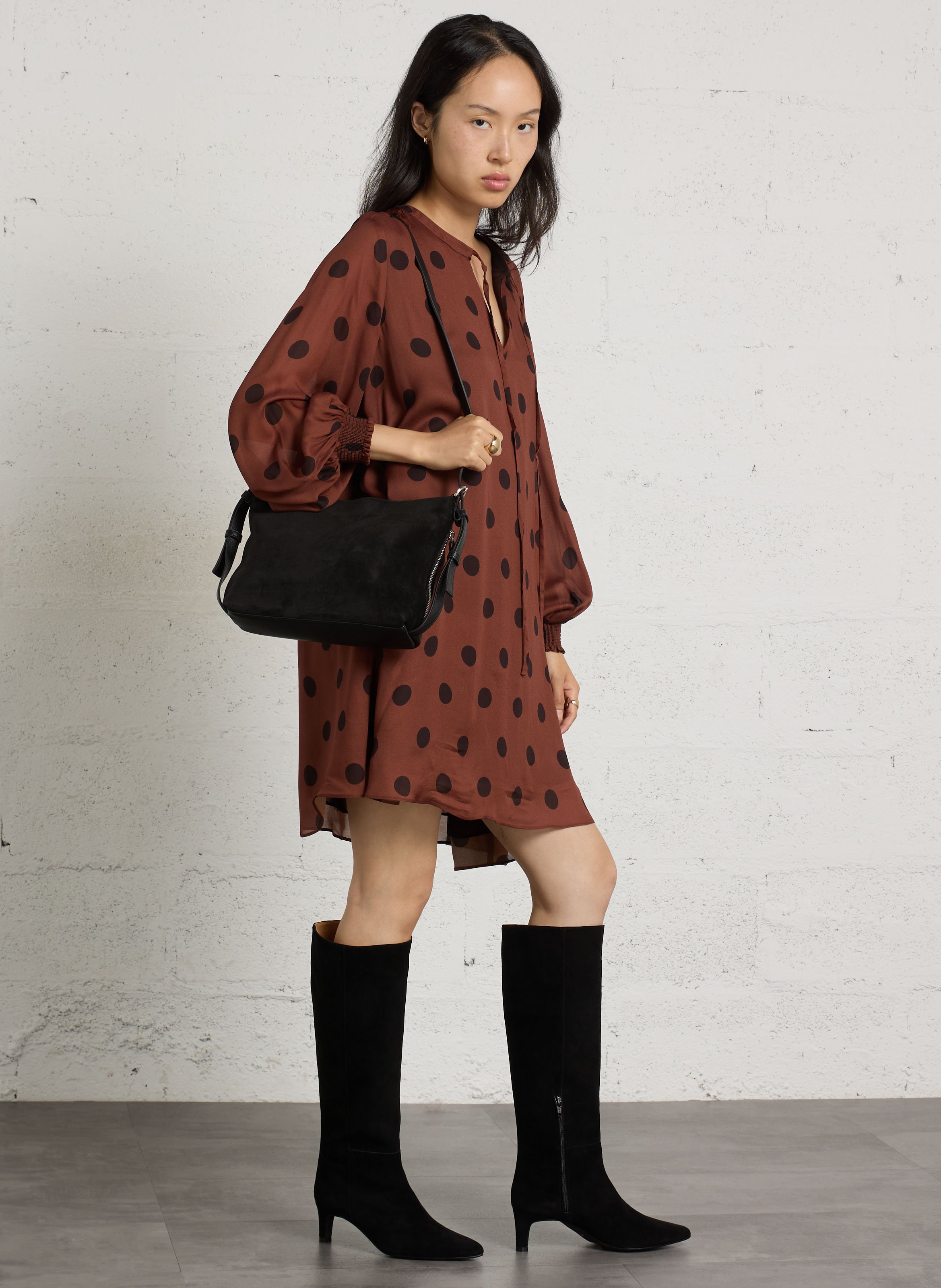 Korte jurk met print en lange mouw DES PETITS HAUTS Bruin