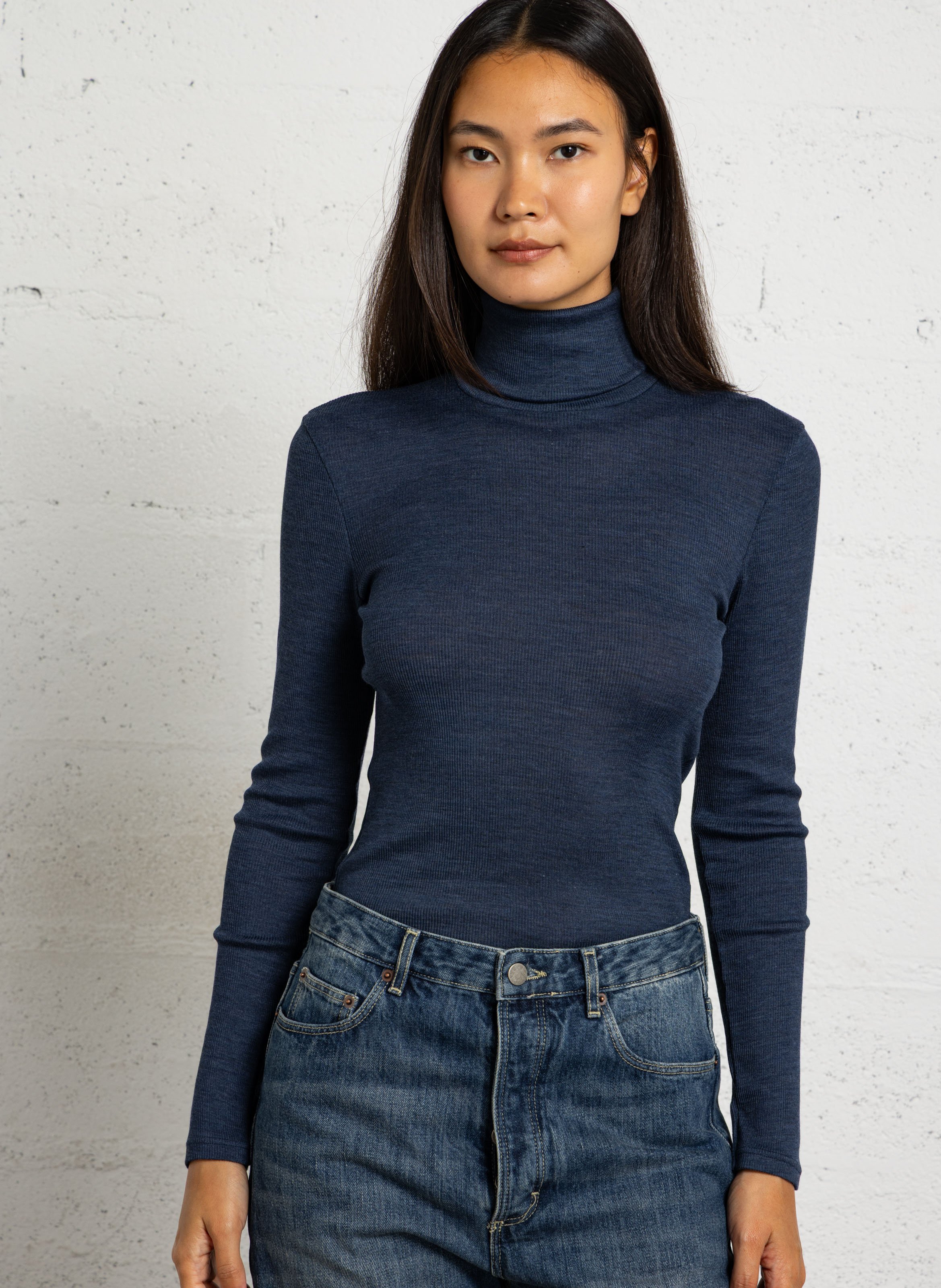Pull moulant col roulé en laine et soie ARMOR LUX Bleu