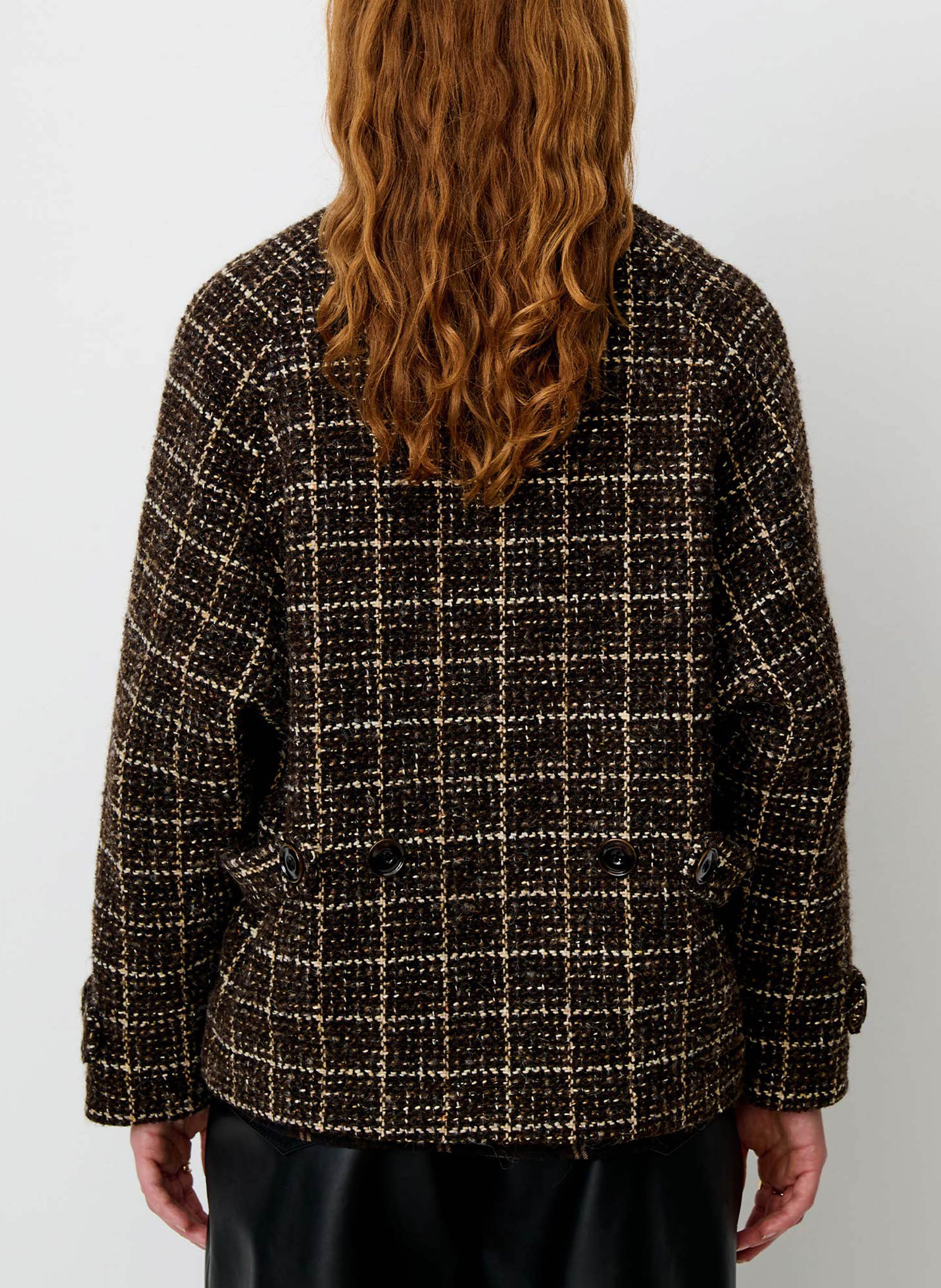 Oversized coat with a bomber jacket style in tartan weave SESSUN Brown