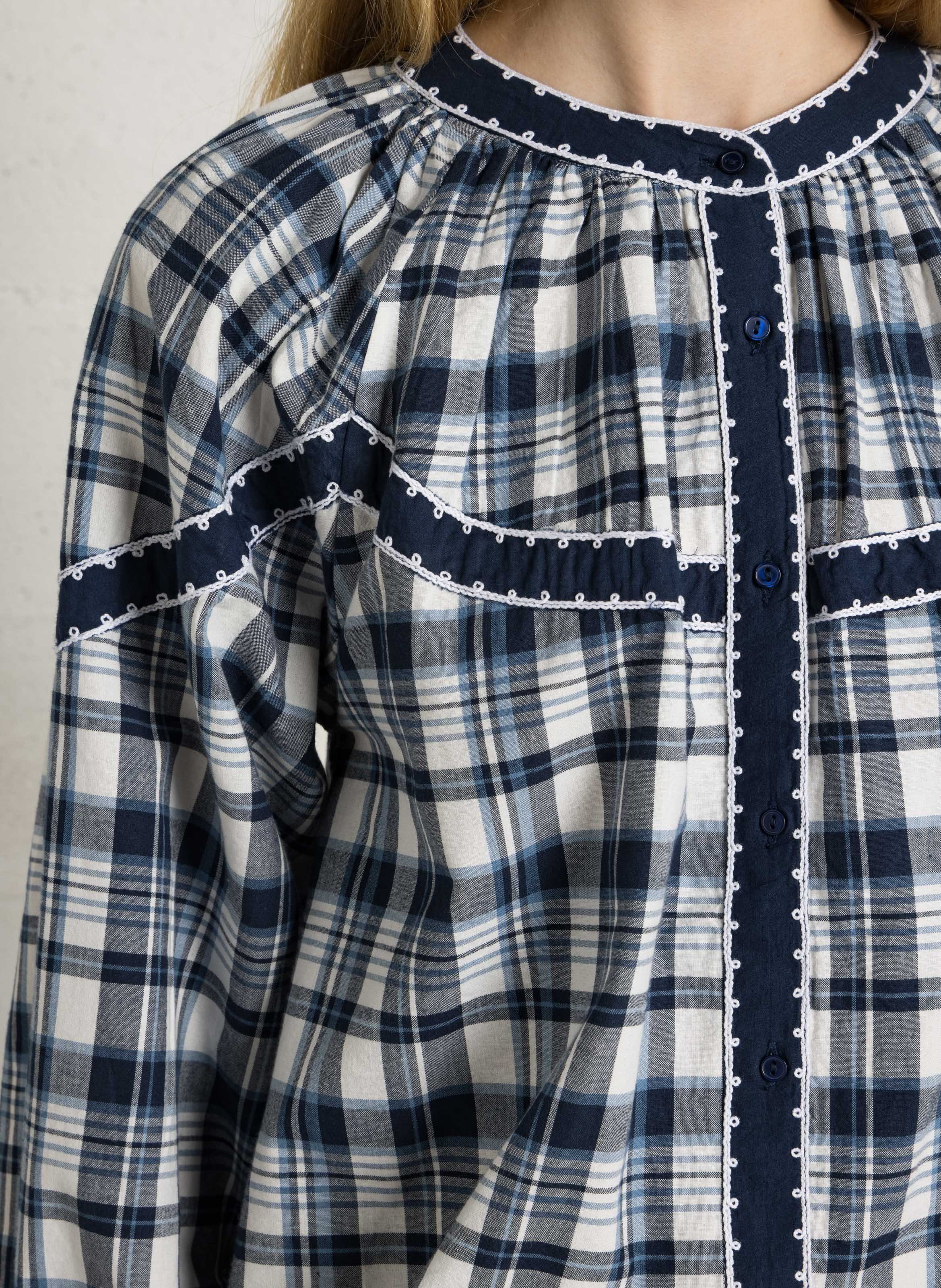 Rechte katoenen blouse met ronde hals en ruitdessin SUD EXPRESS Blauw
