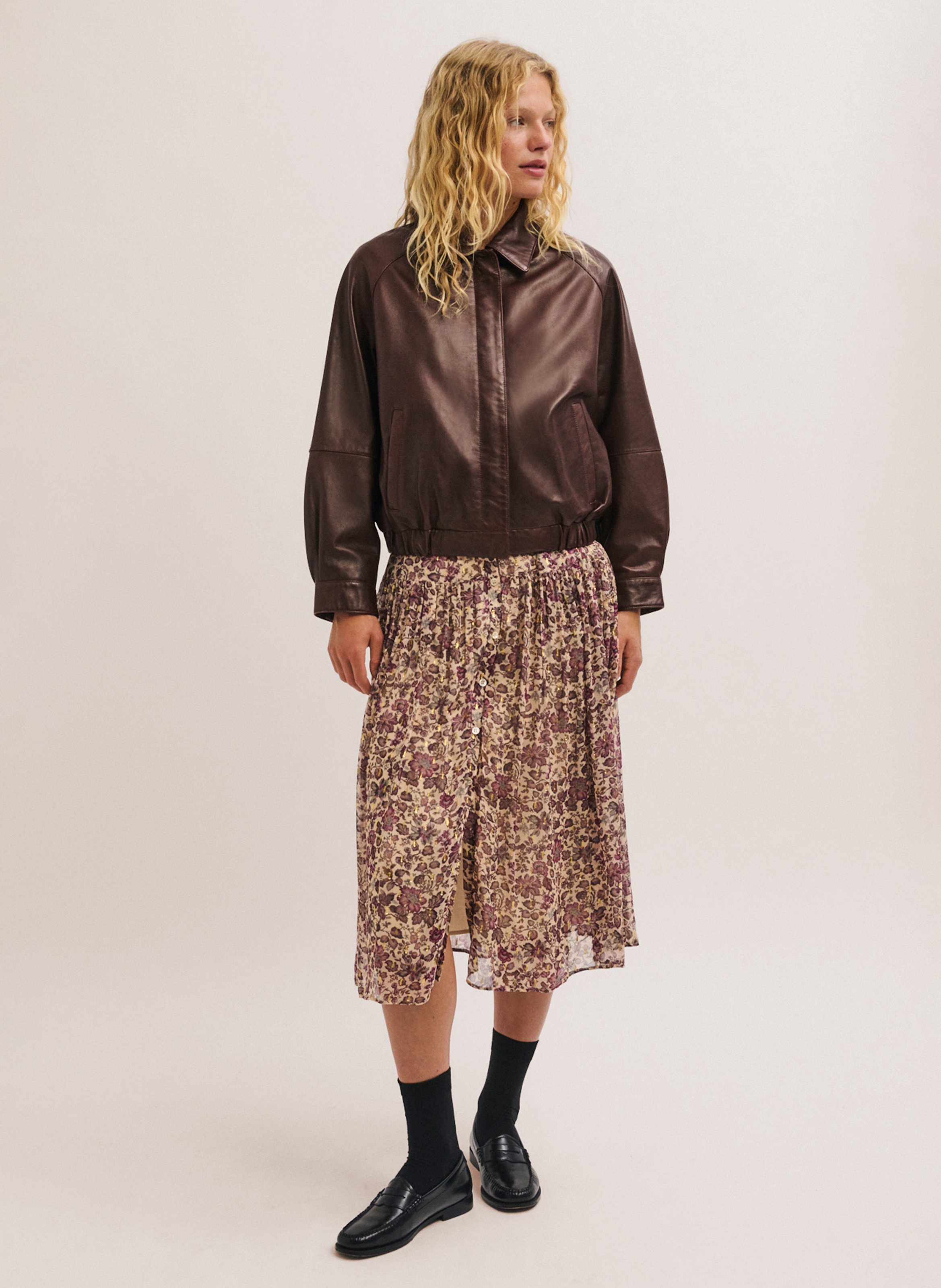 Veste droite zippée en cuir PABLO Marron