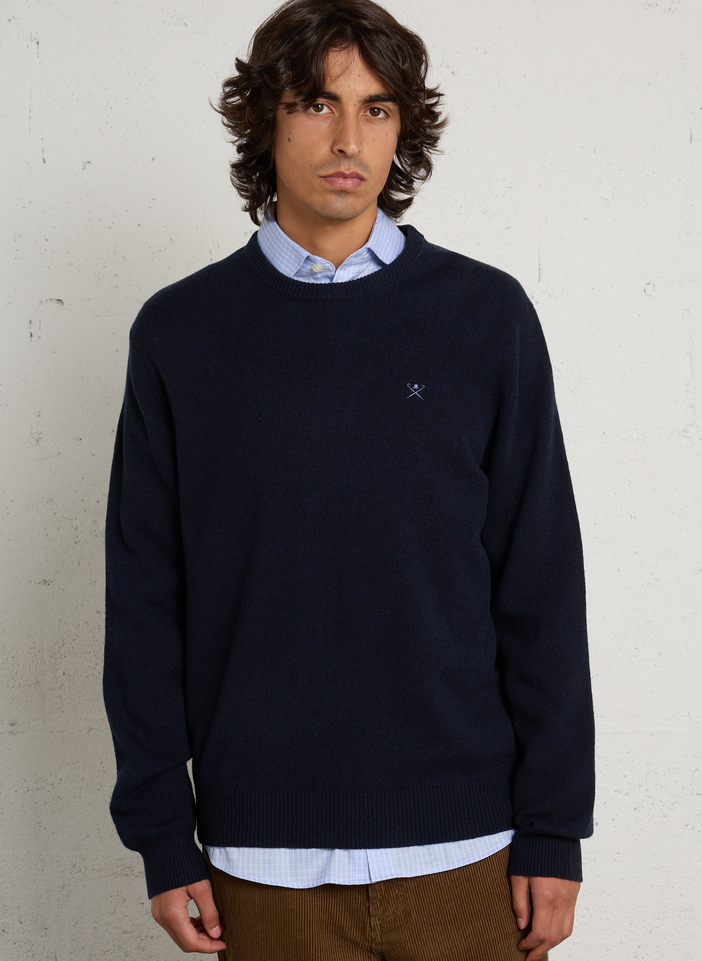 Pull droit col rond brodé en laine HACKETT Bleu