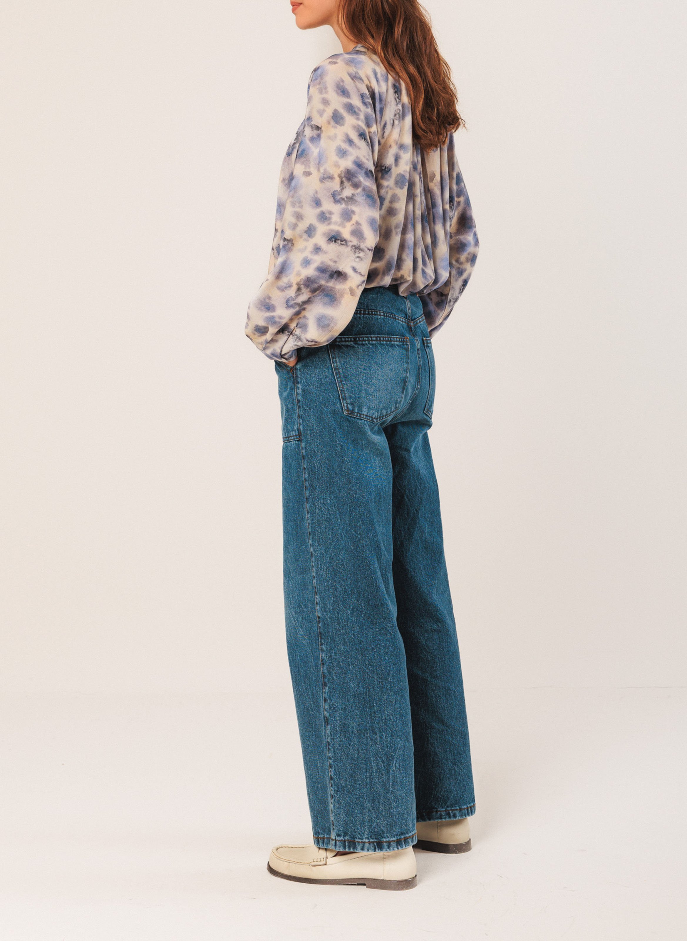 Blouse col rond plissée aquarelle INDI & COLD Bleu