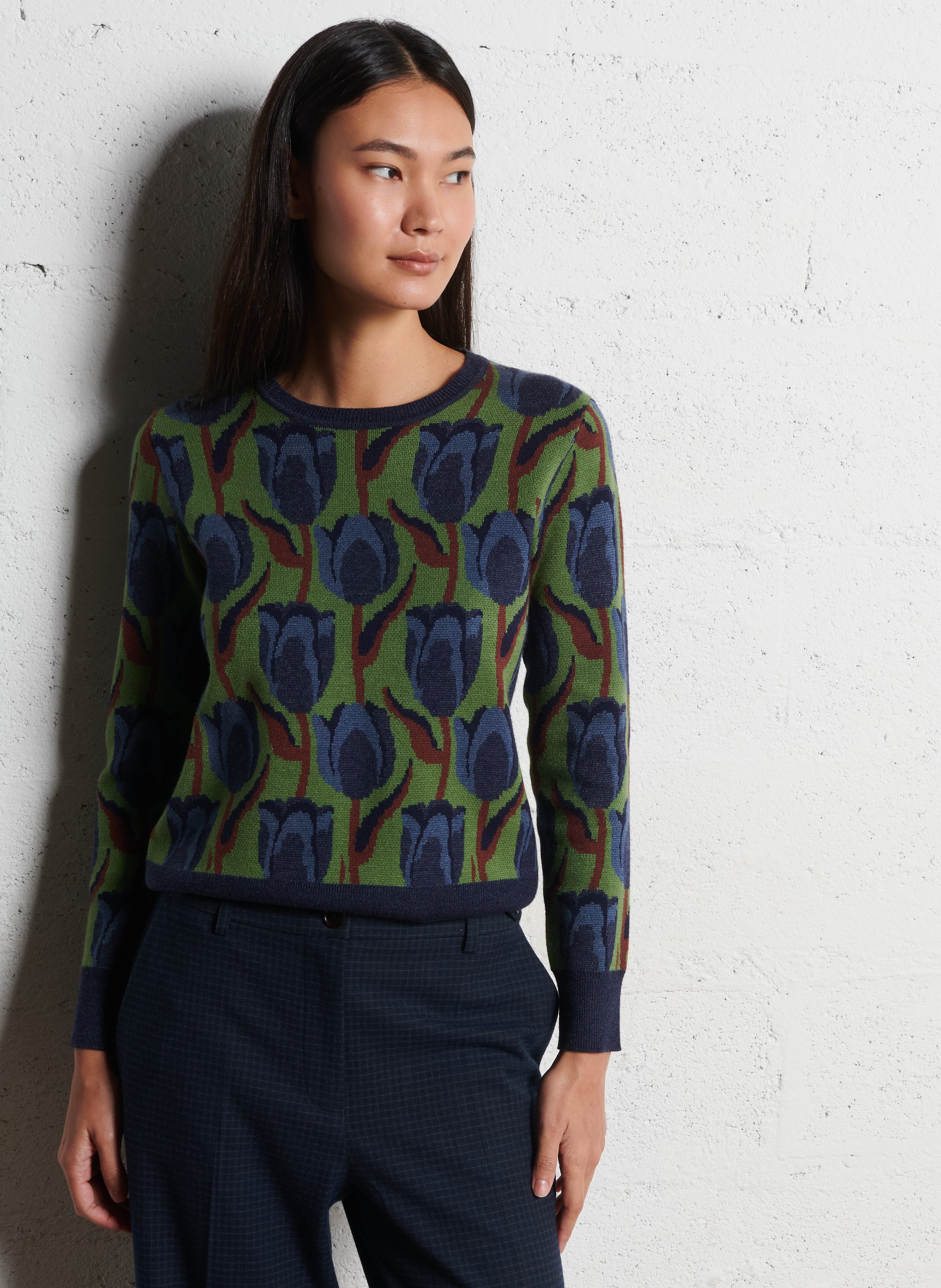 Pull droit à motifs tulipes  NICE THINGS Vert