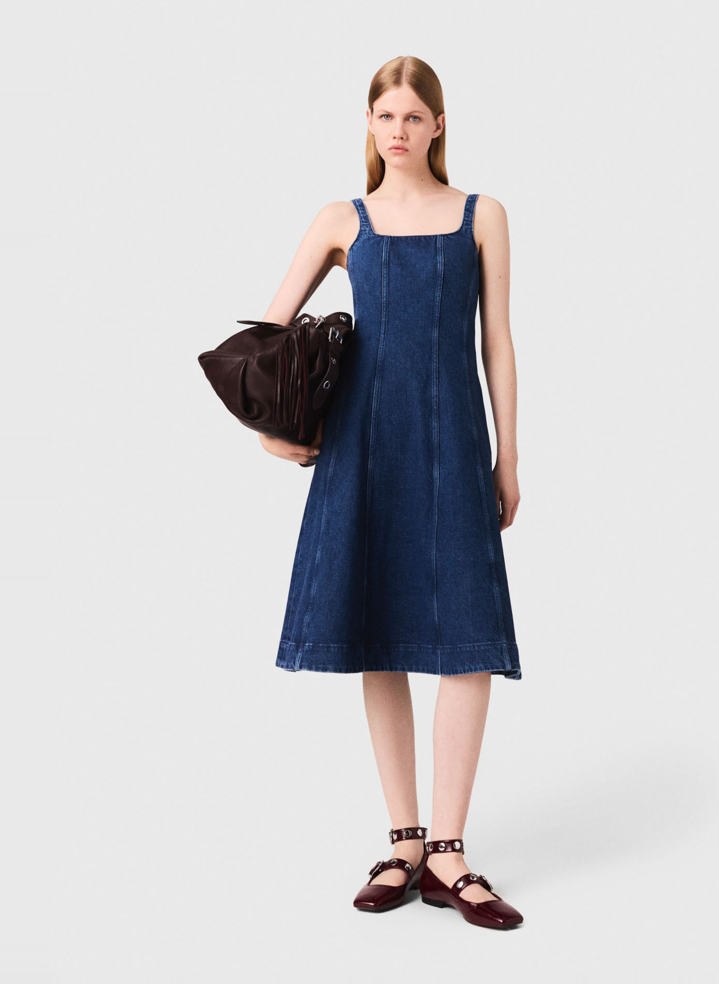 Midi square-neck cotton blend denim dress MAJE Blue