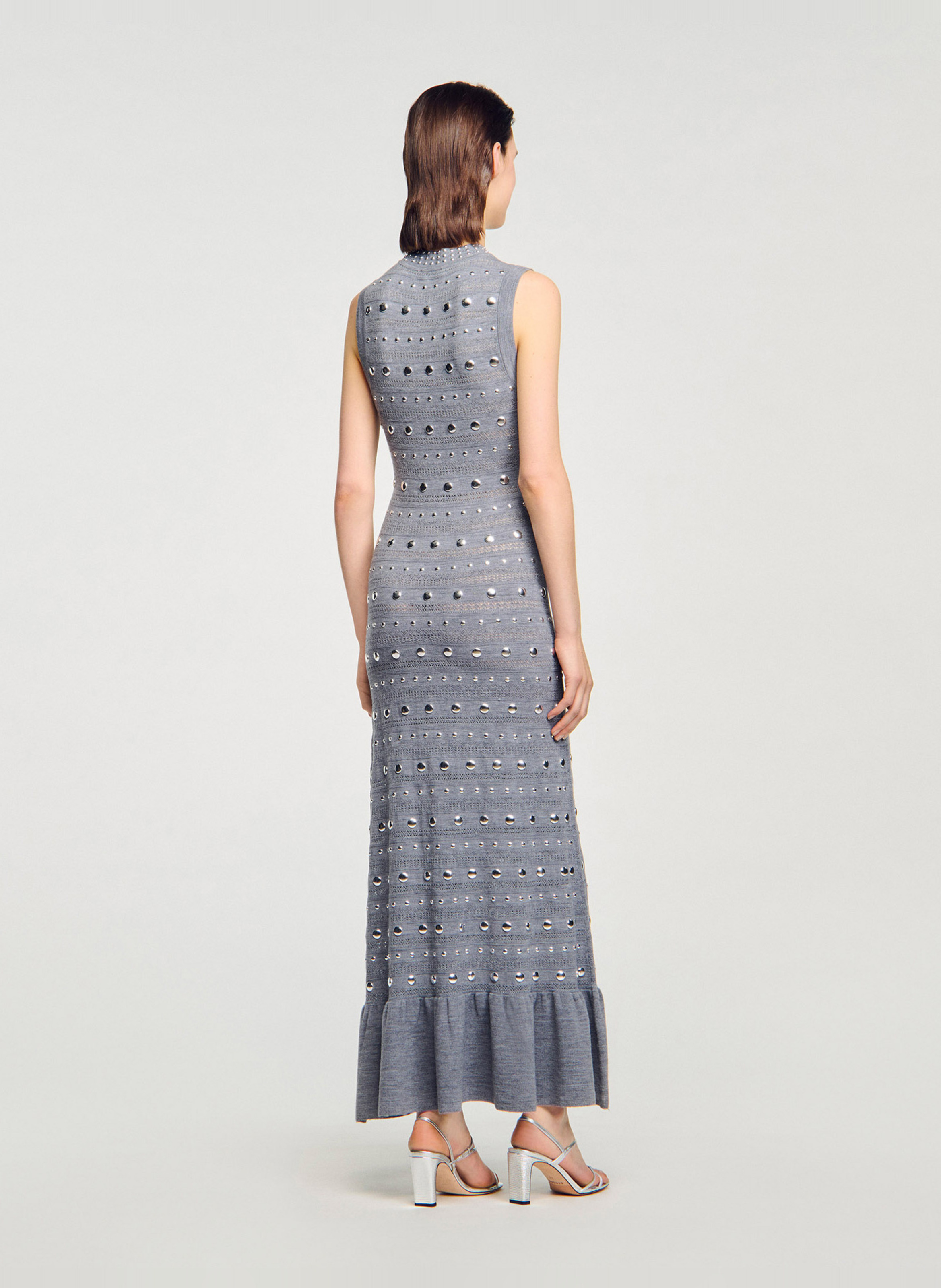 Lange aansluitende jurk met ronde hals in gemengde wol SANDRO Grijs