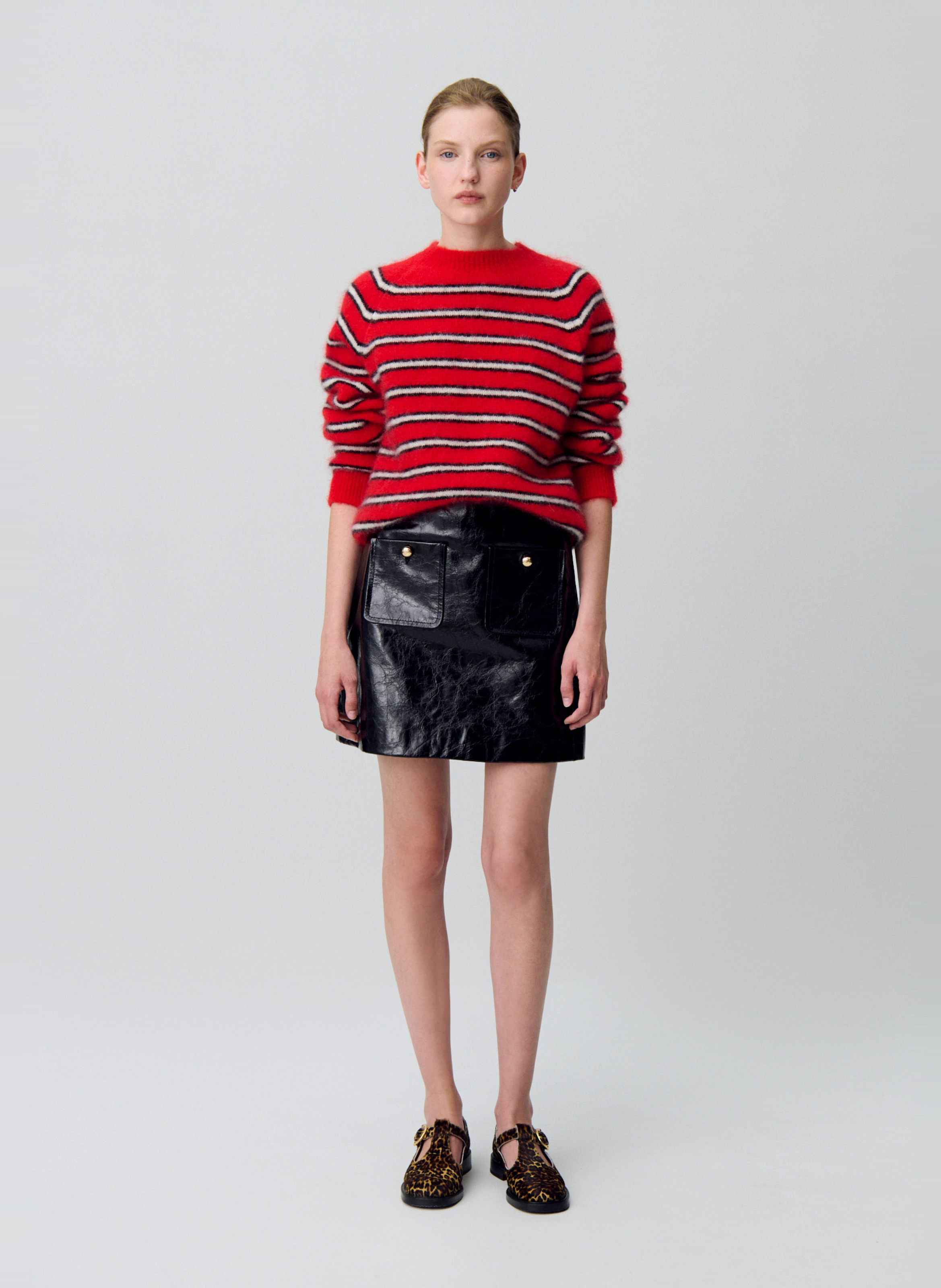 Pull ample col rond rayé en mohair mélangé CLAUDIE PIERLOT Rouge