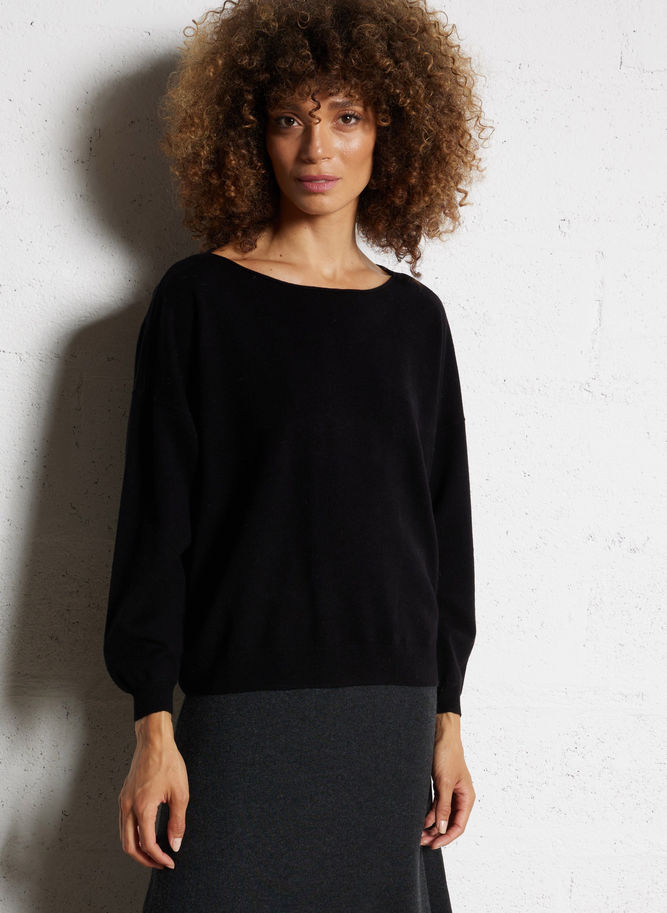 Wool boat neck sweater with rolled edges DES PETITS HAUTS Black