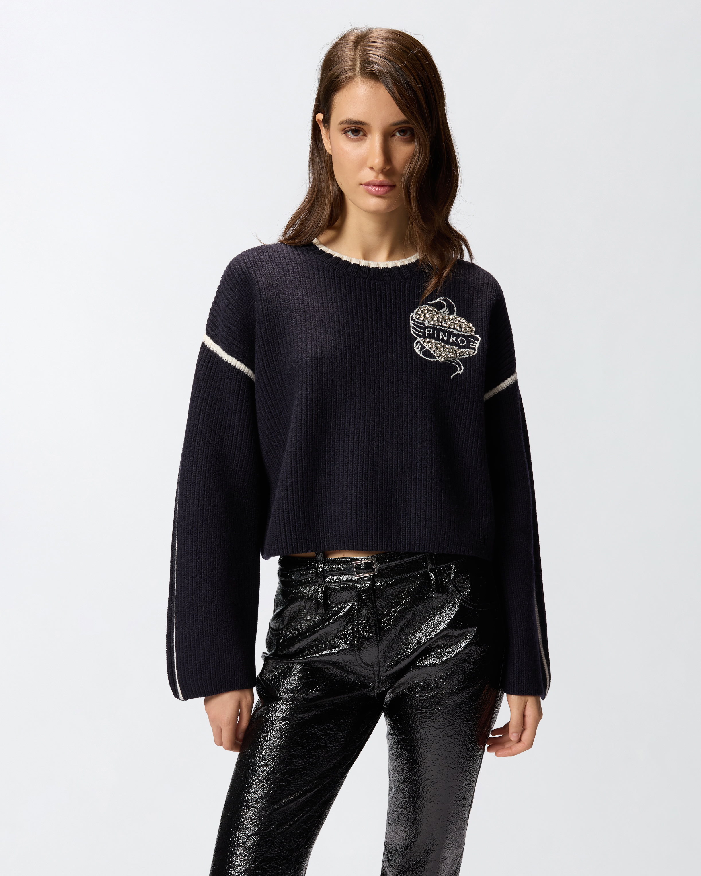 Round neck sweater with jewel embroidery PINKO Multicolored