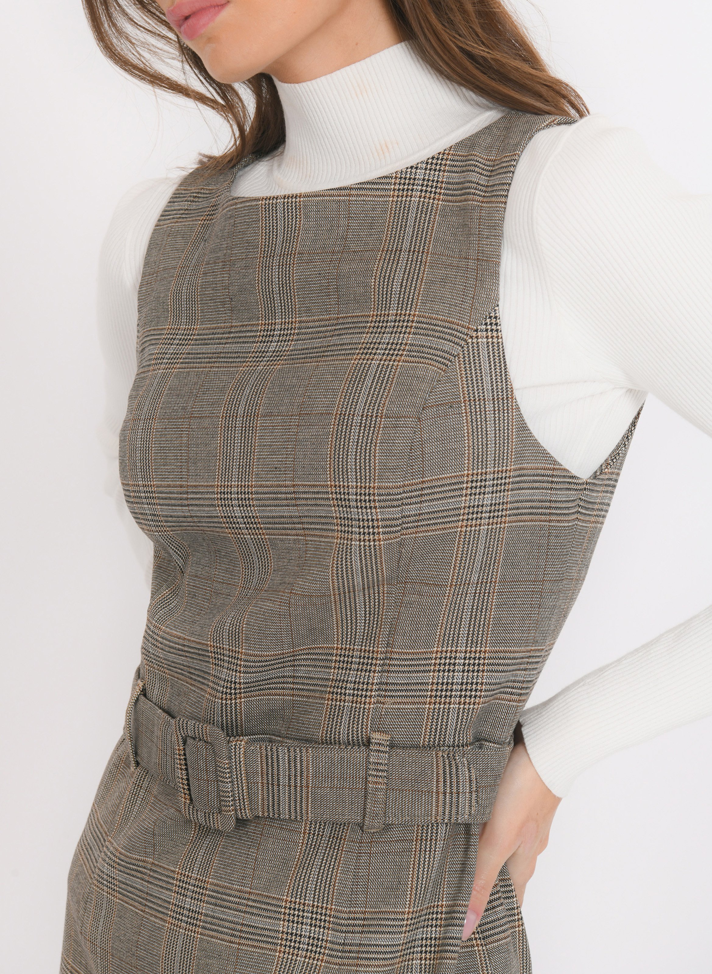 Korte jurk met ronde hals in ruitjespatroon KOOKAI Bruin