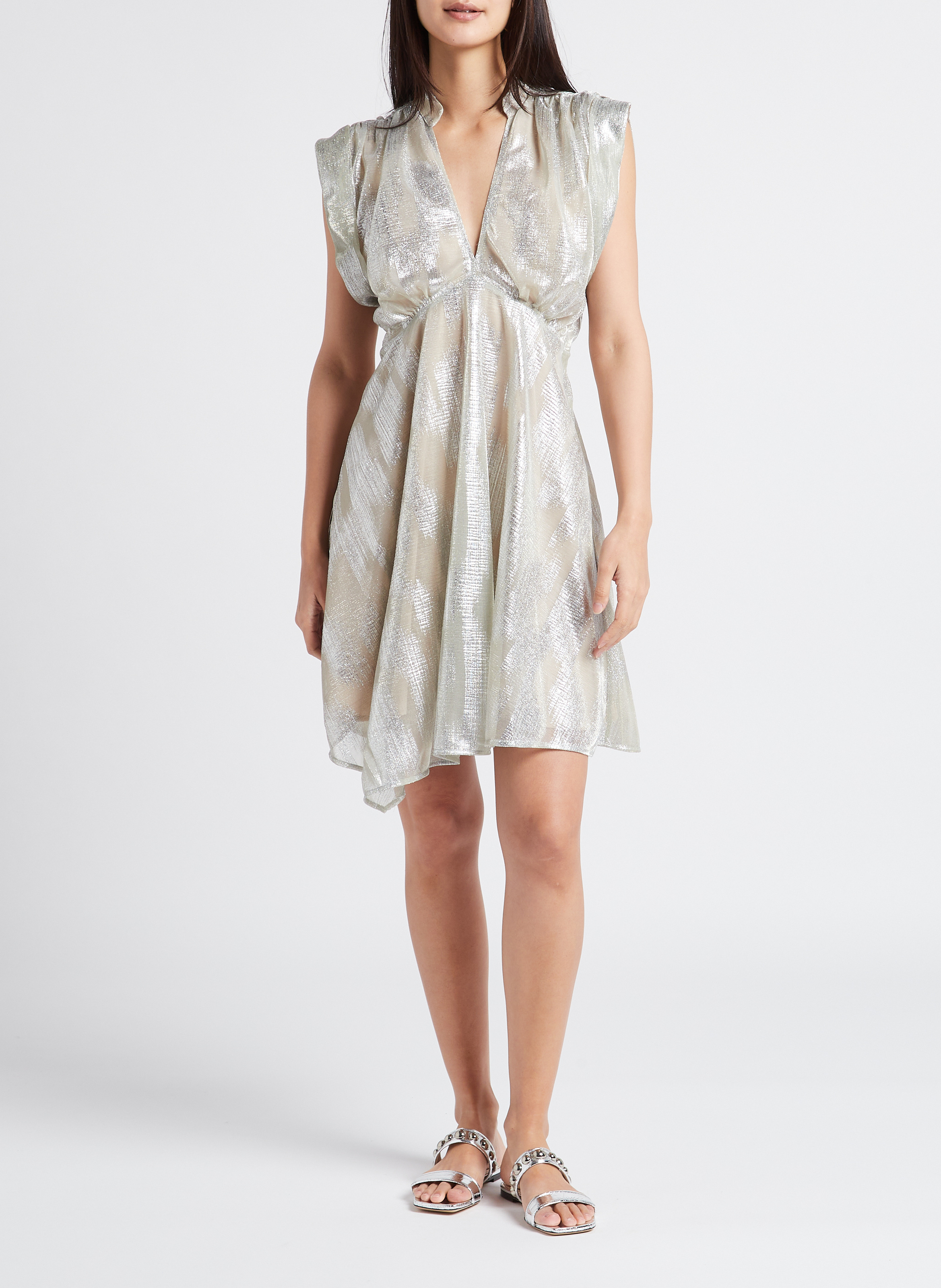 Robe courte col V jacquard métallisé  IRO Argent