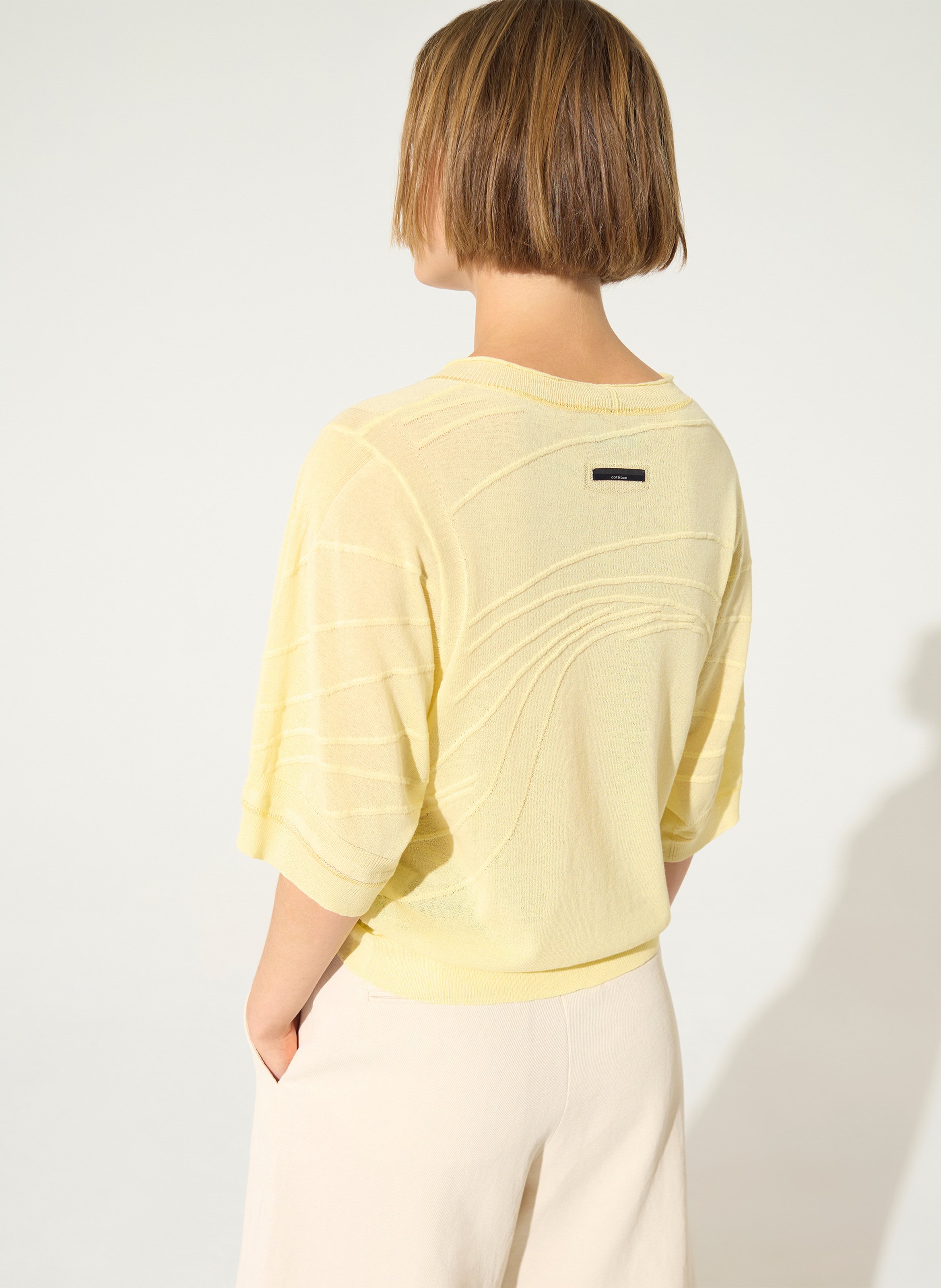 Round neck 3/4 sleeve solid sweater COTELAC Yellow