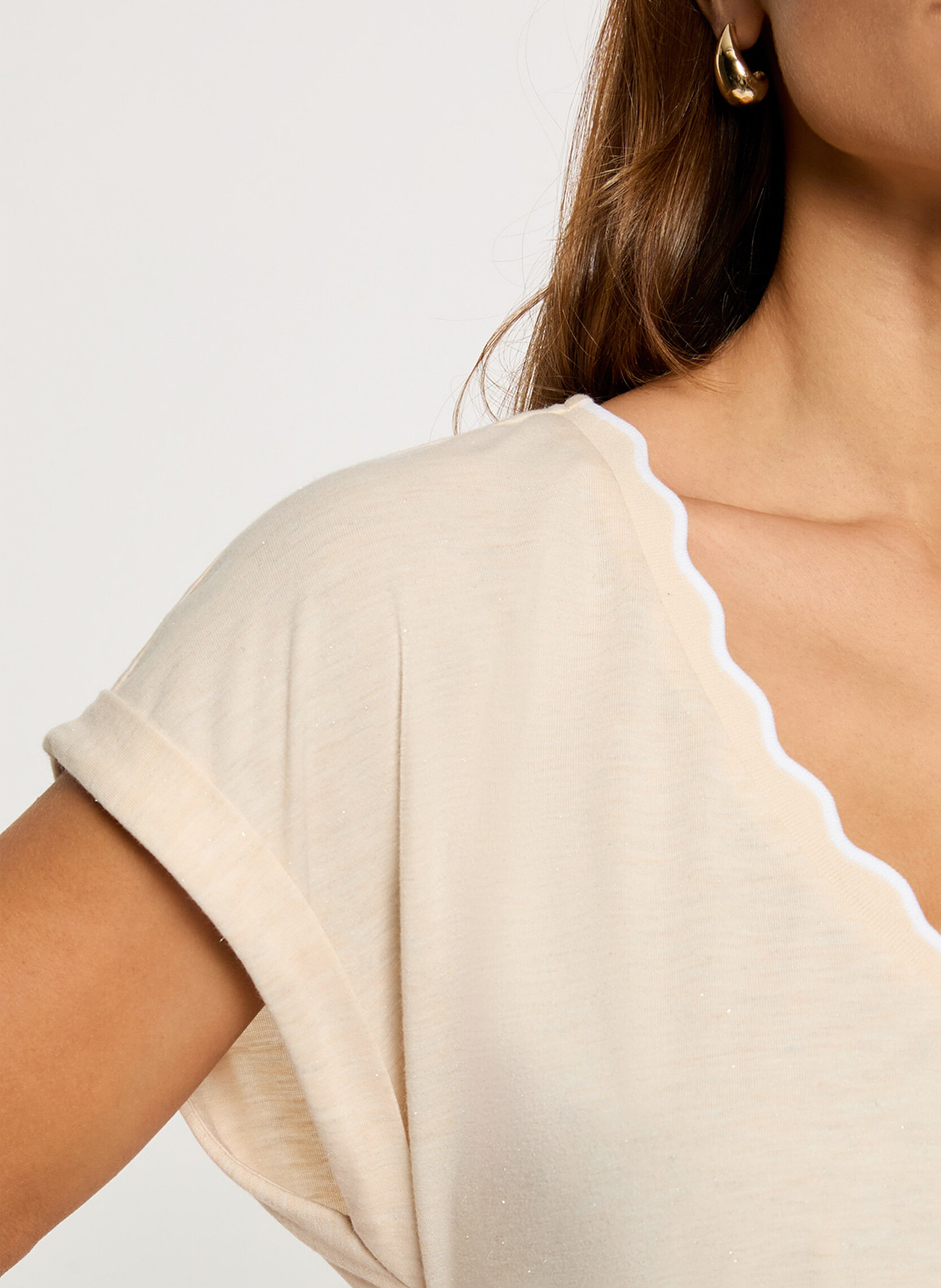 Tee-shirt droit col V uni MORGAN Beige