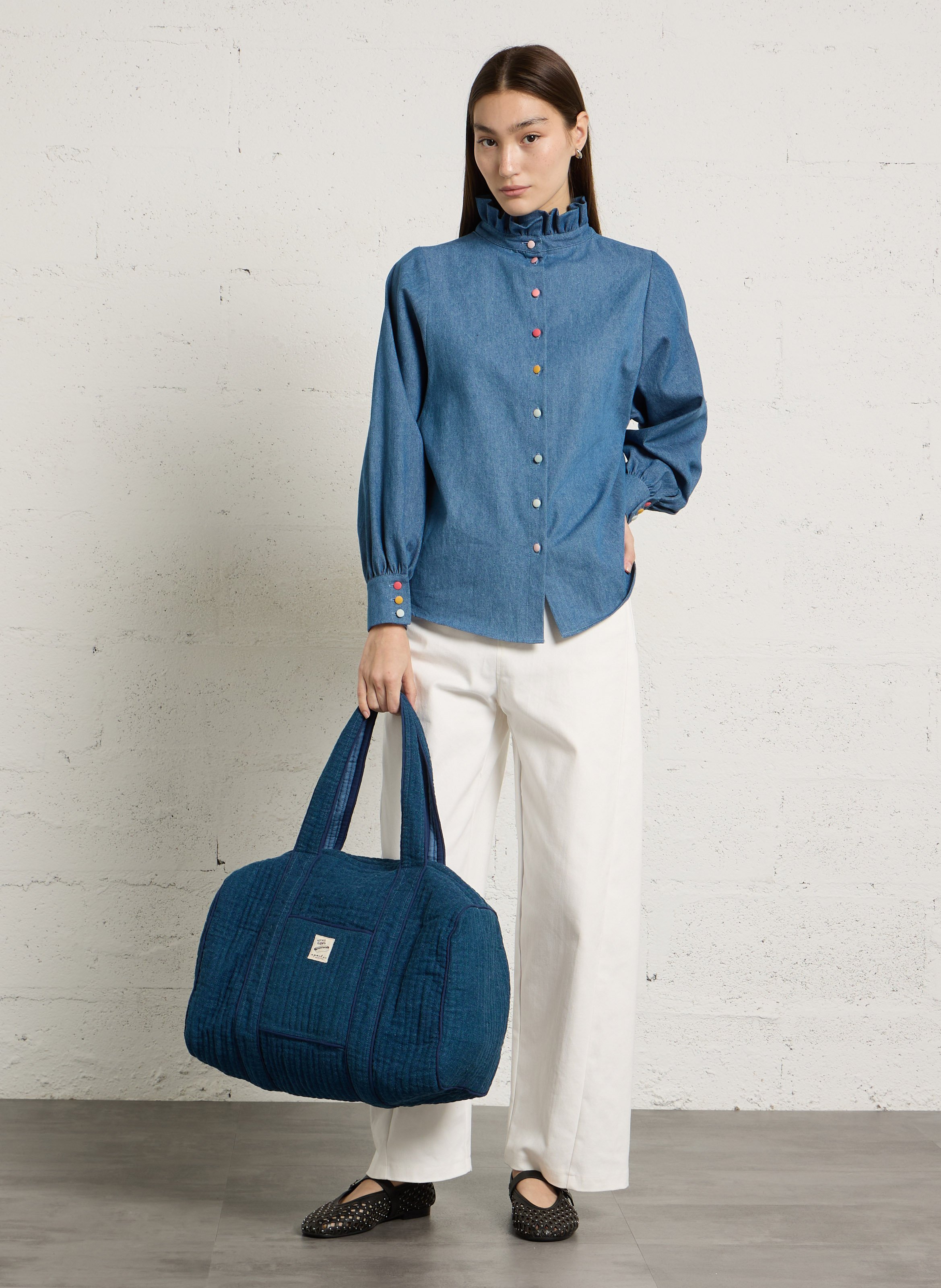 Gepolsterte Denim-Reißverschlusstasche aus Baumwolle APACHES COLLECTIONS Blau