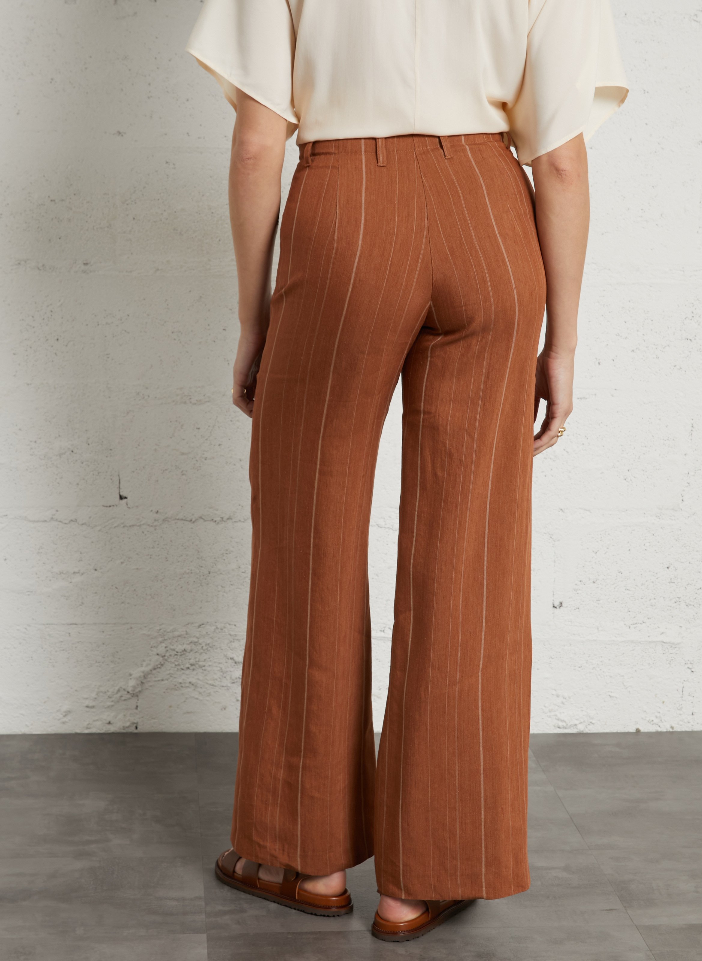 Pantalon large en lin mélangé rayé MOMONI Marron