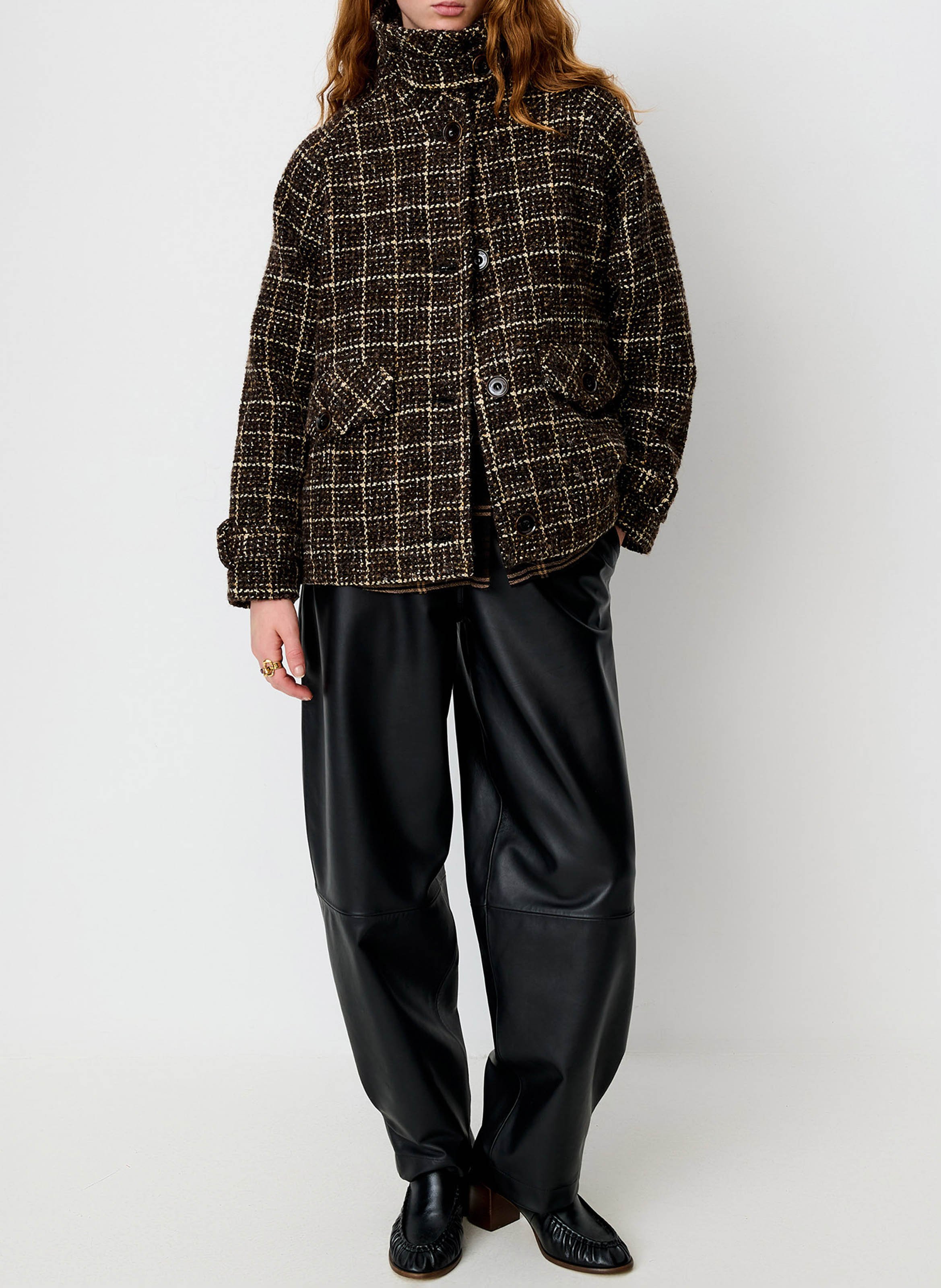 Oversized coat with a bomber jacket style in tartan weave SESSUN Brown