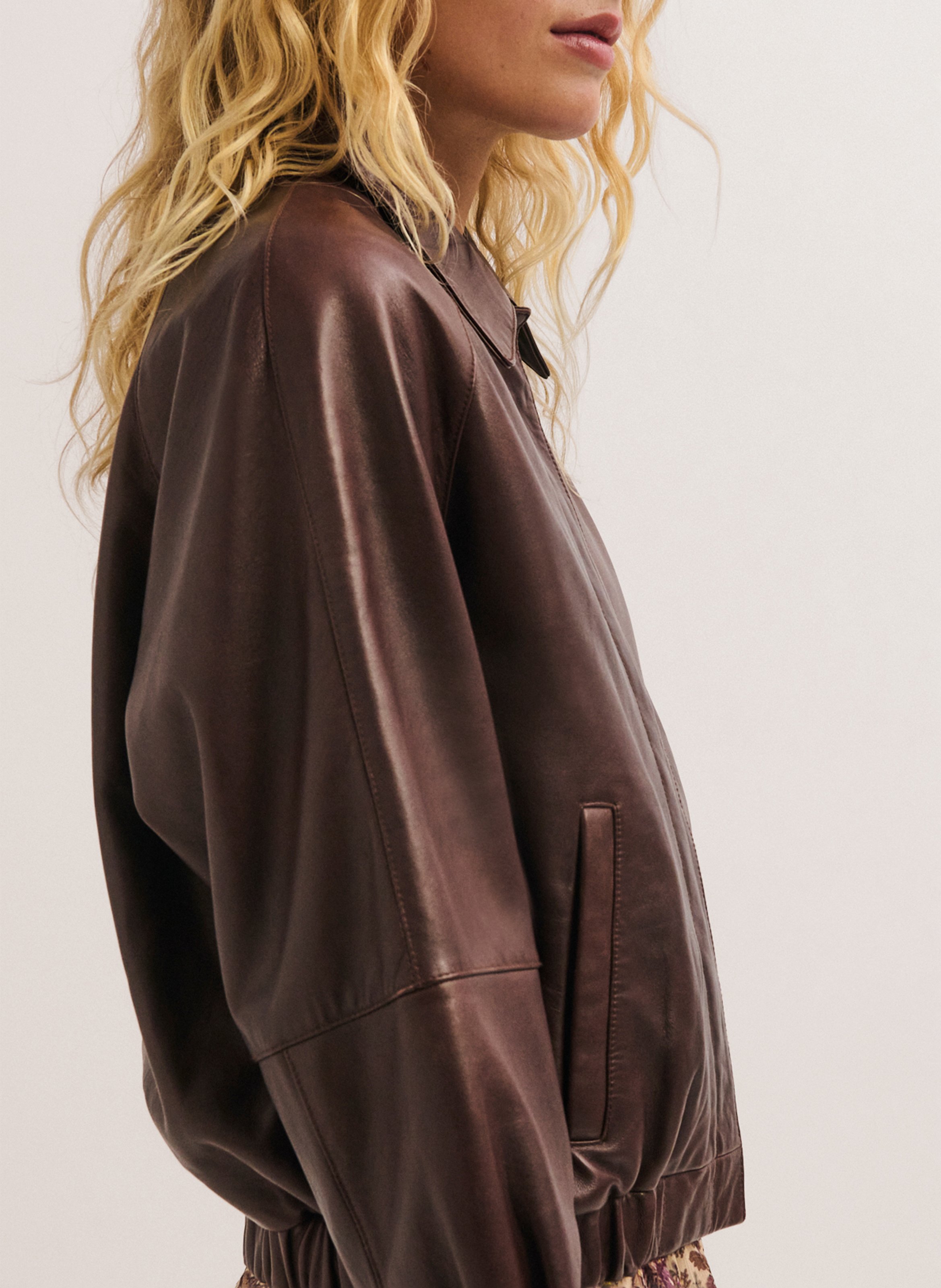 Veste droite zippée en cuir PABLO Marron
