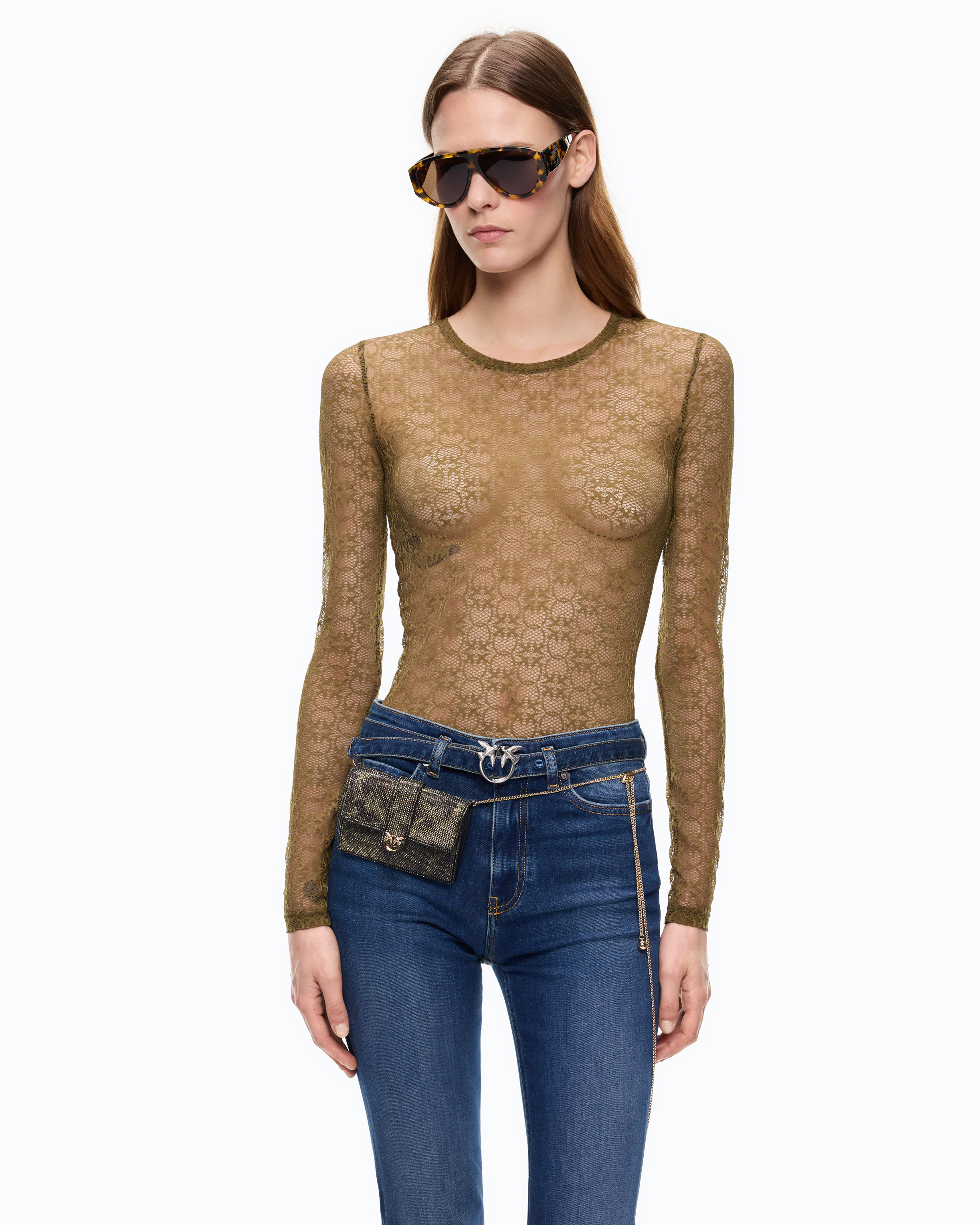 T-shirt en dentelle stretch à logo love birds PINKO Vert