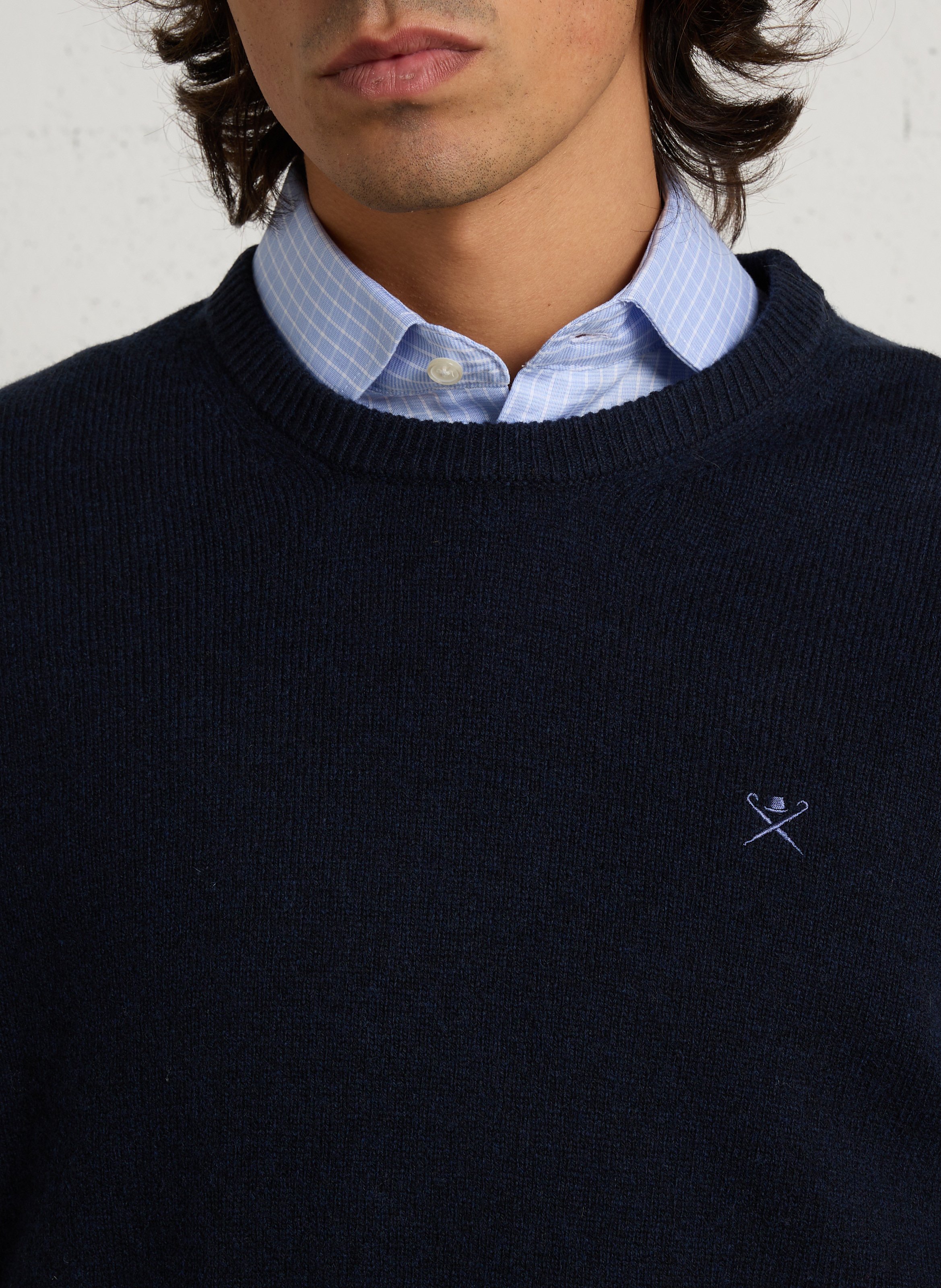 Pull droit col rond brodé en laine HACKETT Bleu