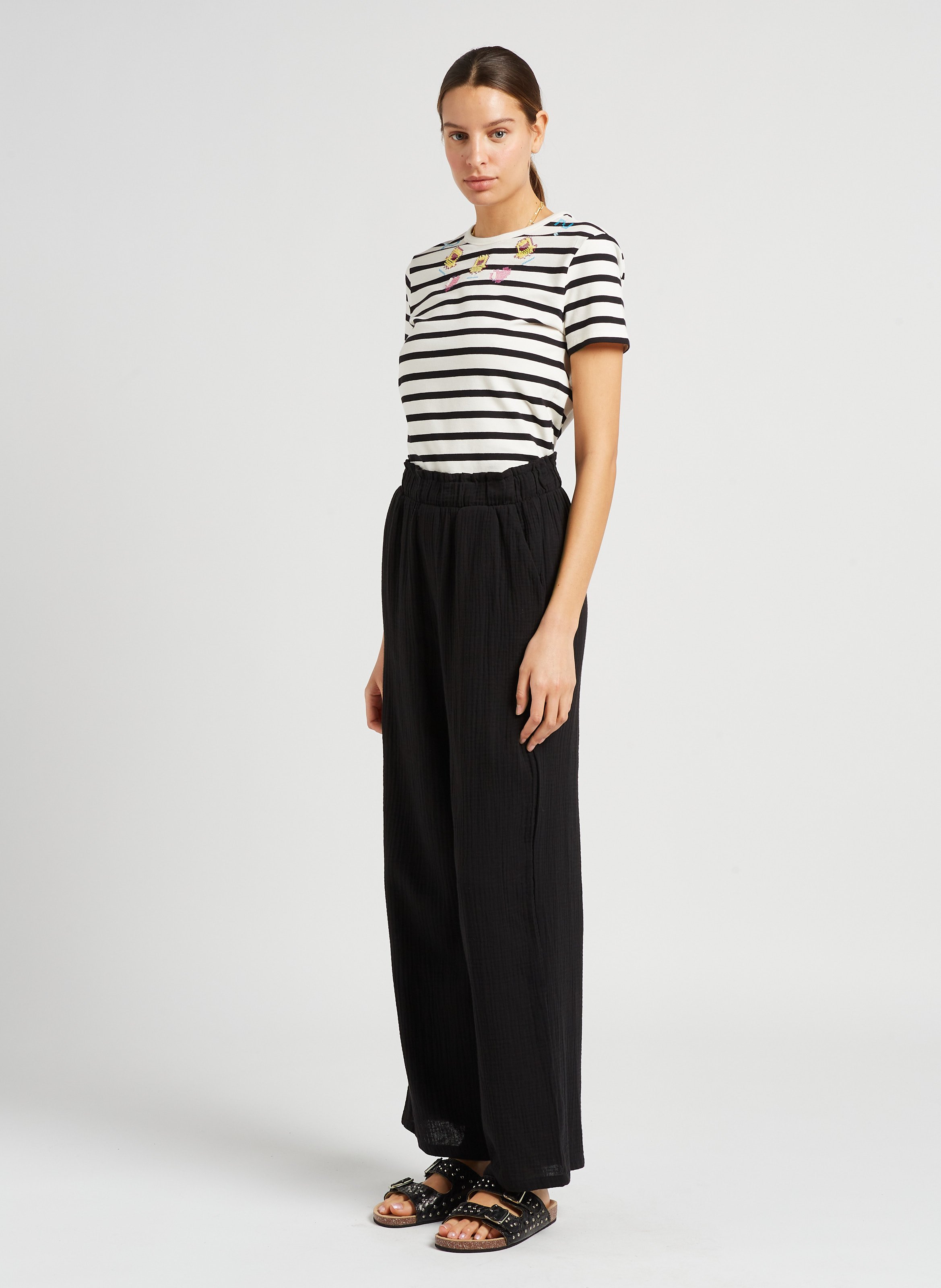 Tee-shirt col rond à rayures brodé en coton mélangé  MAX&amp;Co. Rayé