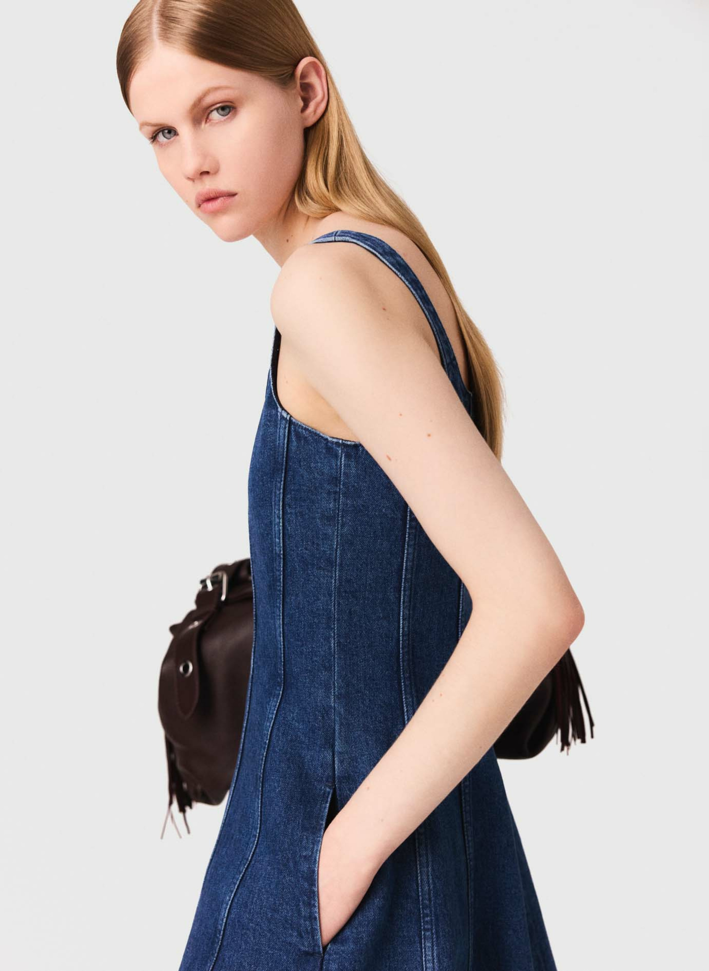 Midi square-neck cotton blend denim dress MAJE Blue