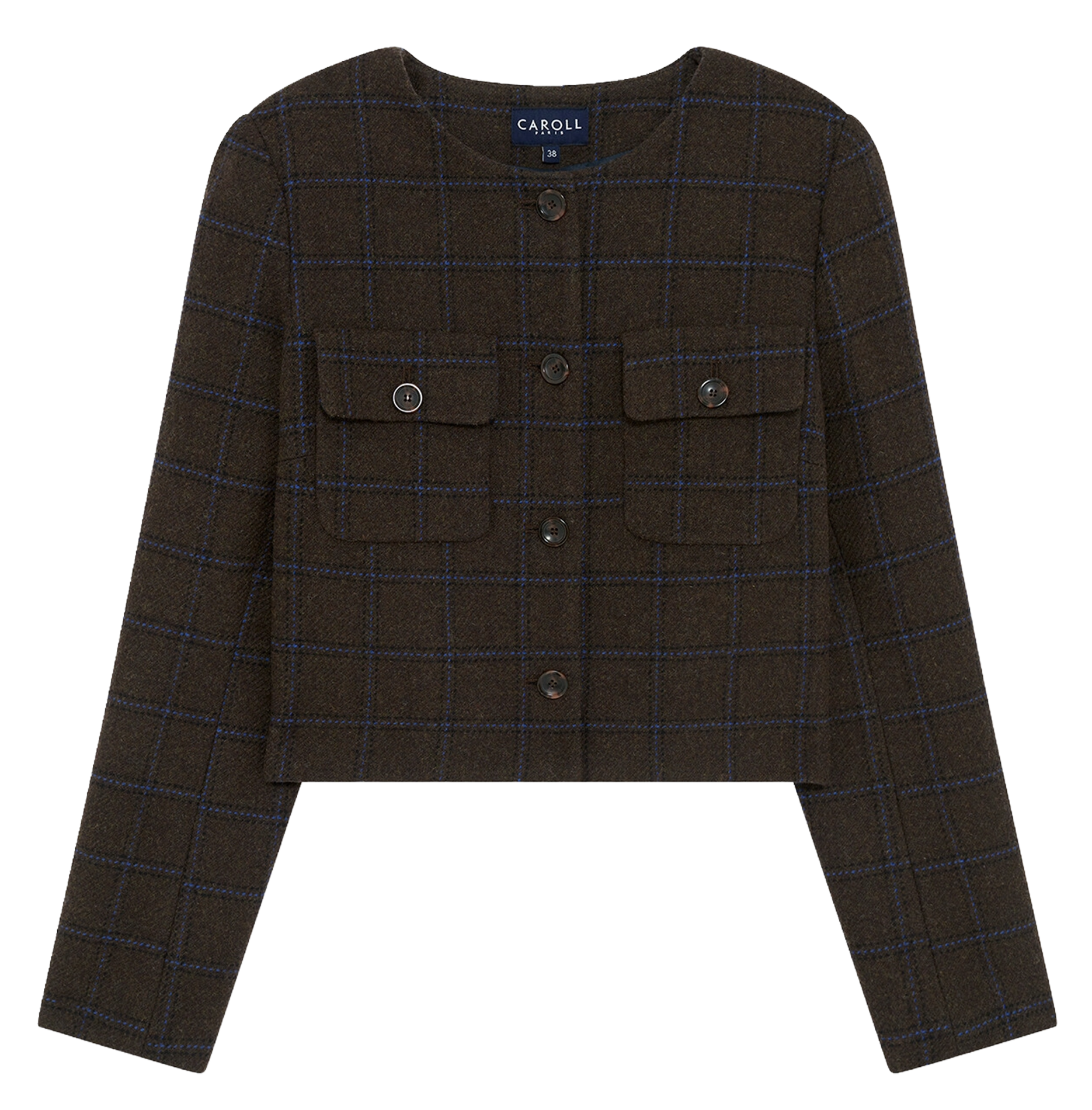 Short straight round neck wool blend jacket CAROLL Brown