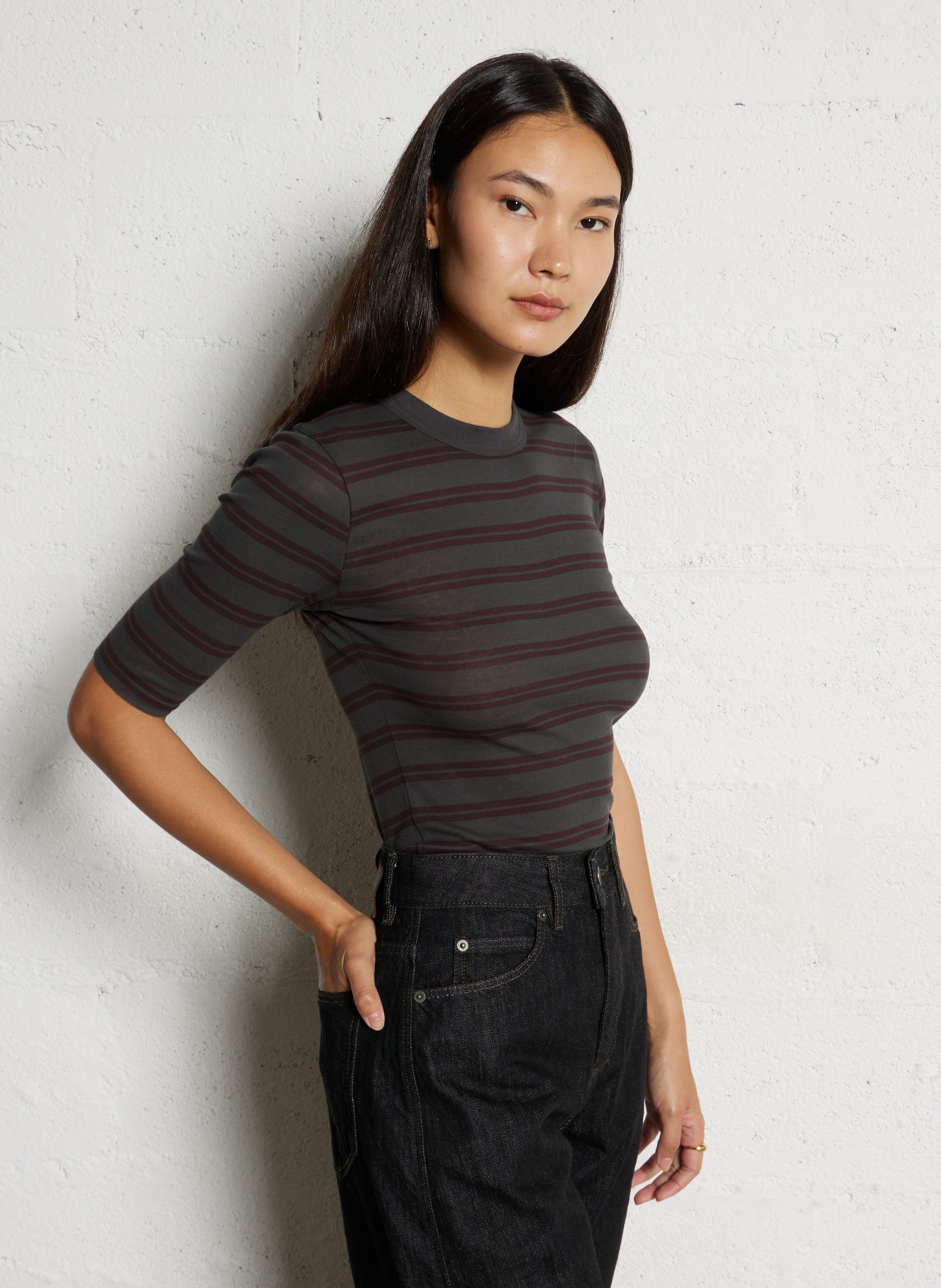 Tee-shirt col rond rayé en coton SOEUR Prune