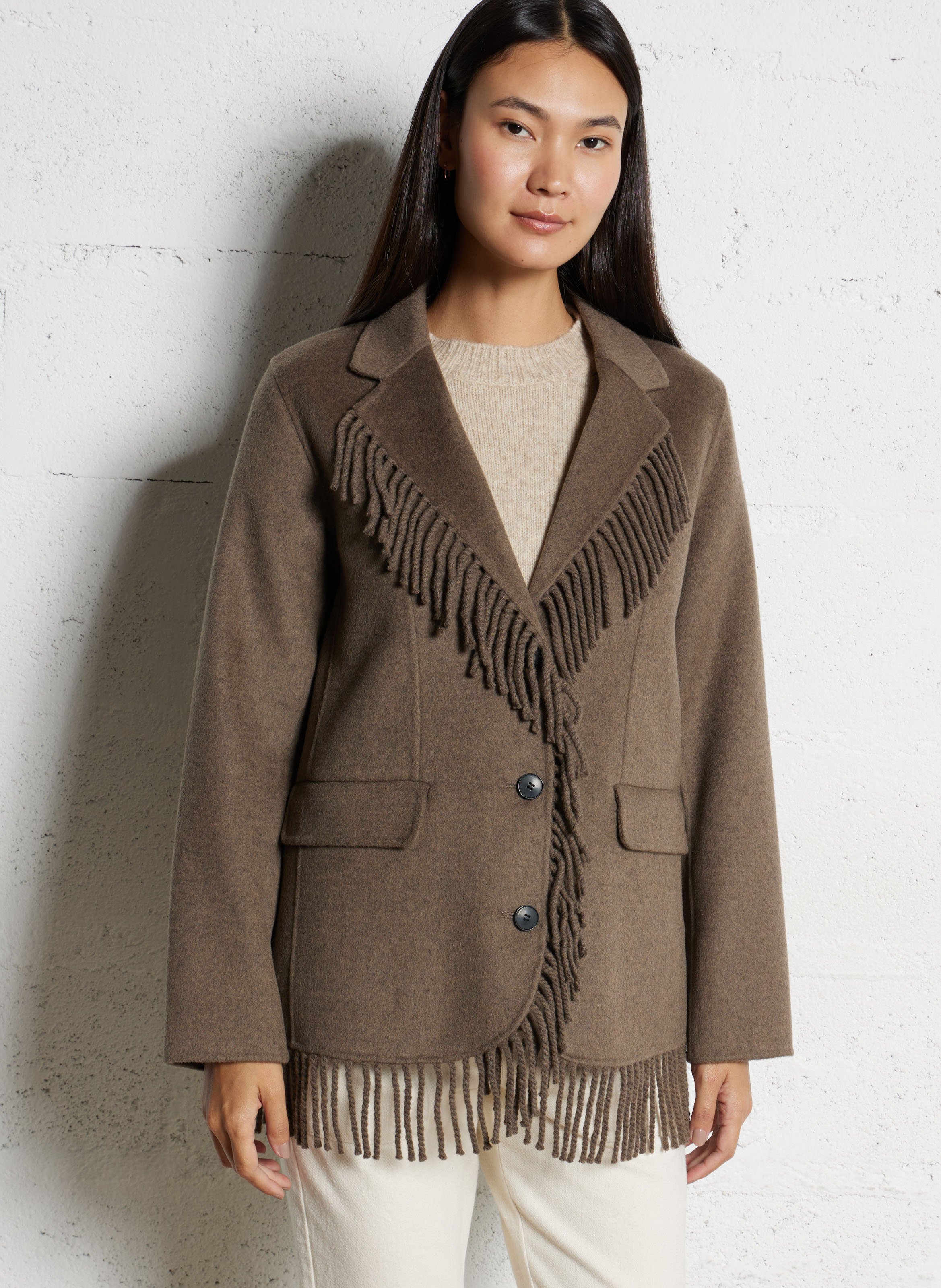 Manteau tailleur à franges en laine mélangée HARTFORD Marron