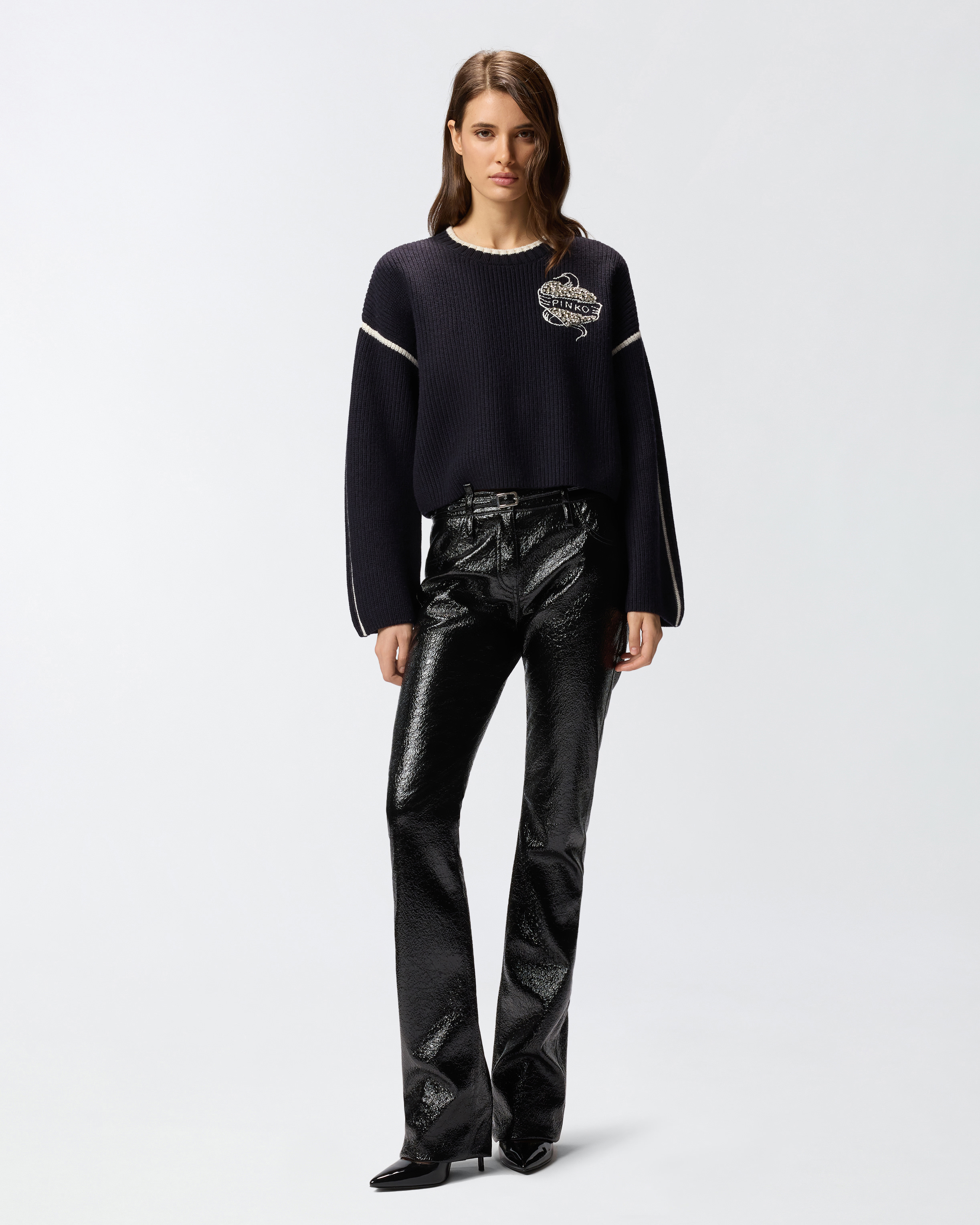 Round neck sweater with jewel embroidery PINKO Multicolored