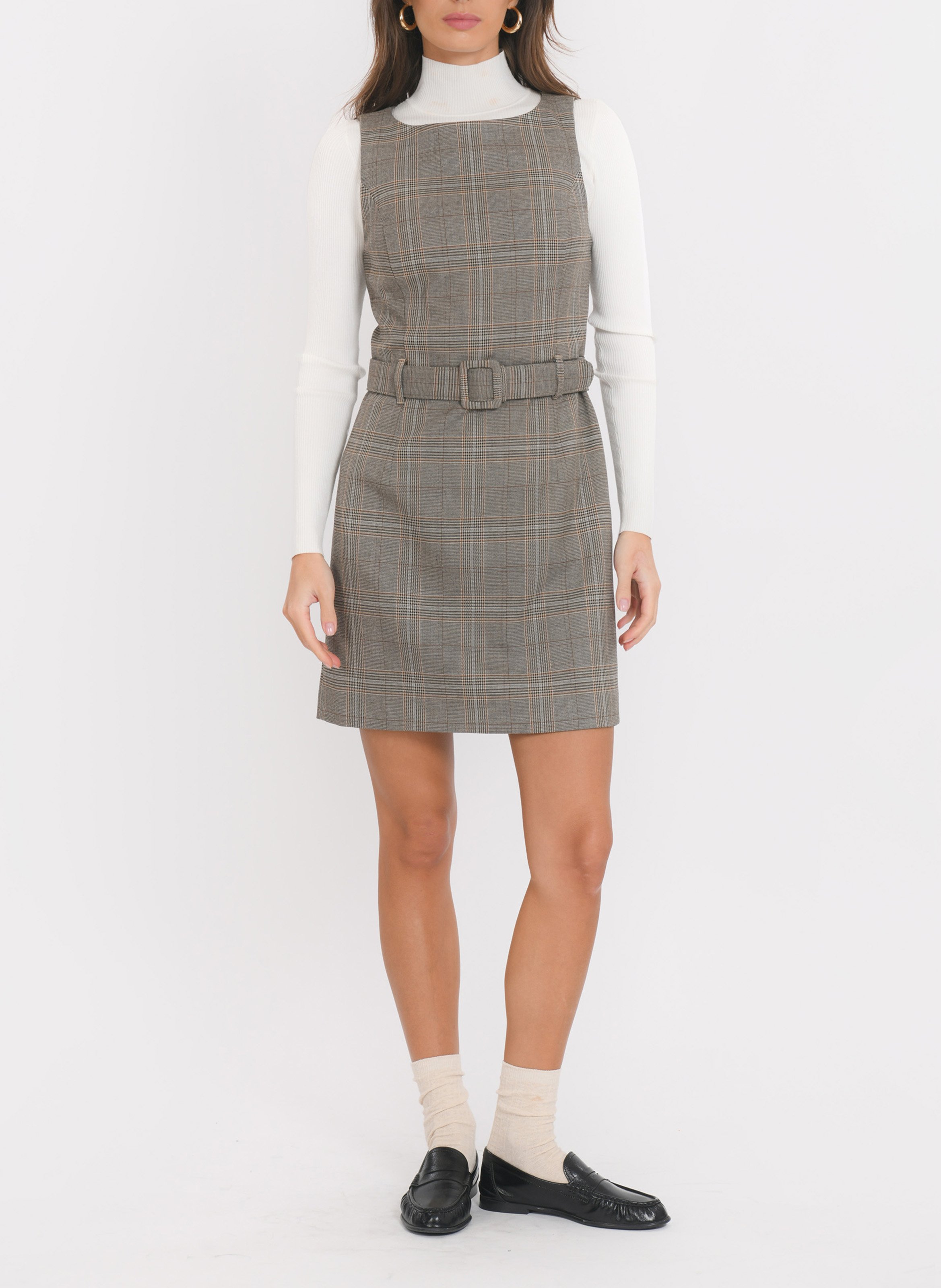 Korte jurk met ronde hals in ruitjespatroon KOOKAI Bruin