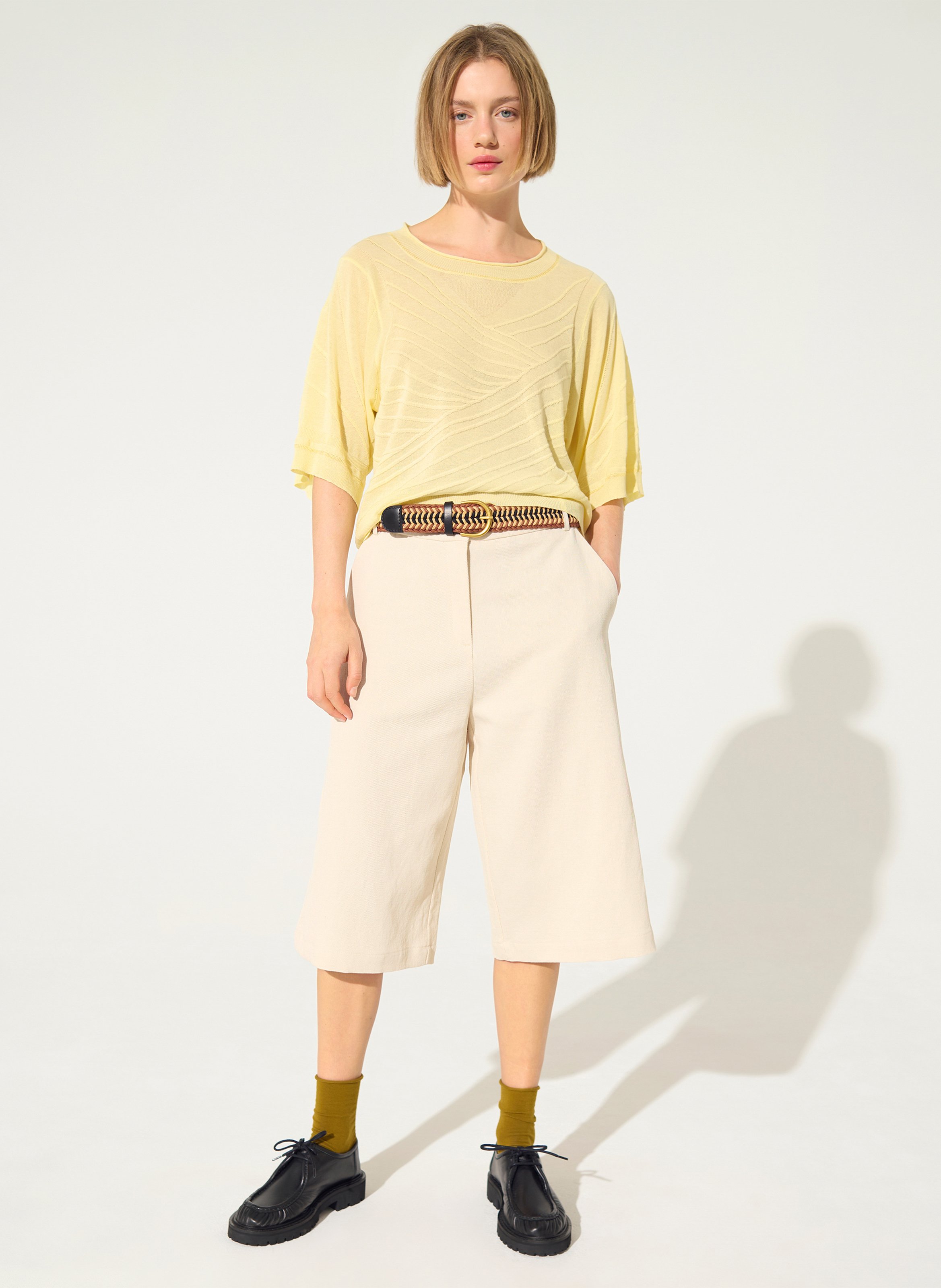 Round neck 3/4 sleeve solid sweater COTELAC Yellow