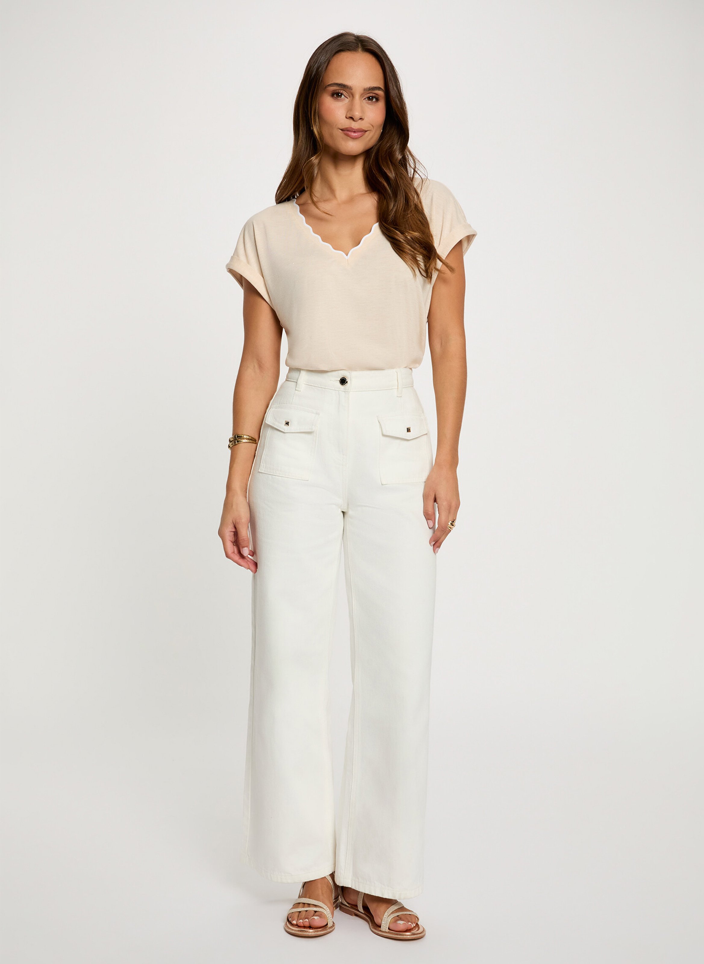 Tee-shirt droit col V uni MORGAN Beige