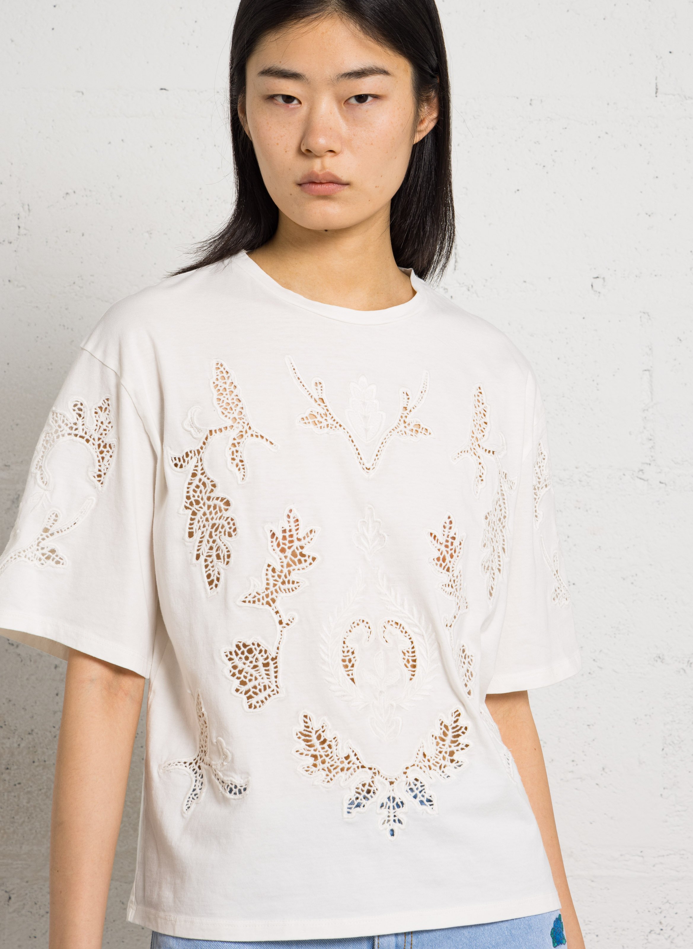 Straight-cut round-neck embroidered cotton top BERENICE White