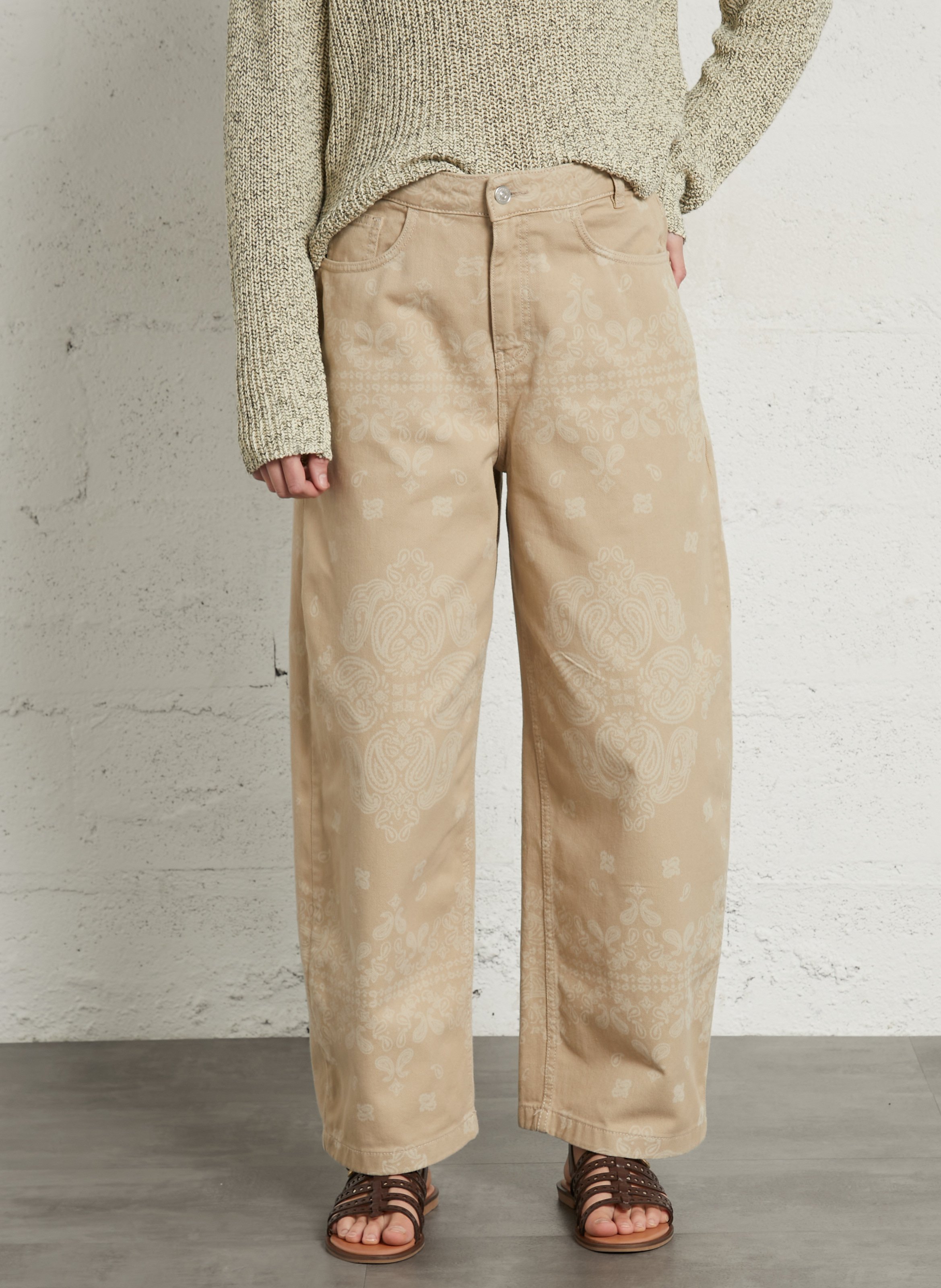 Wide-leg printed cotton jeans BERENICE Beige