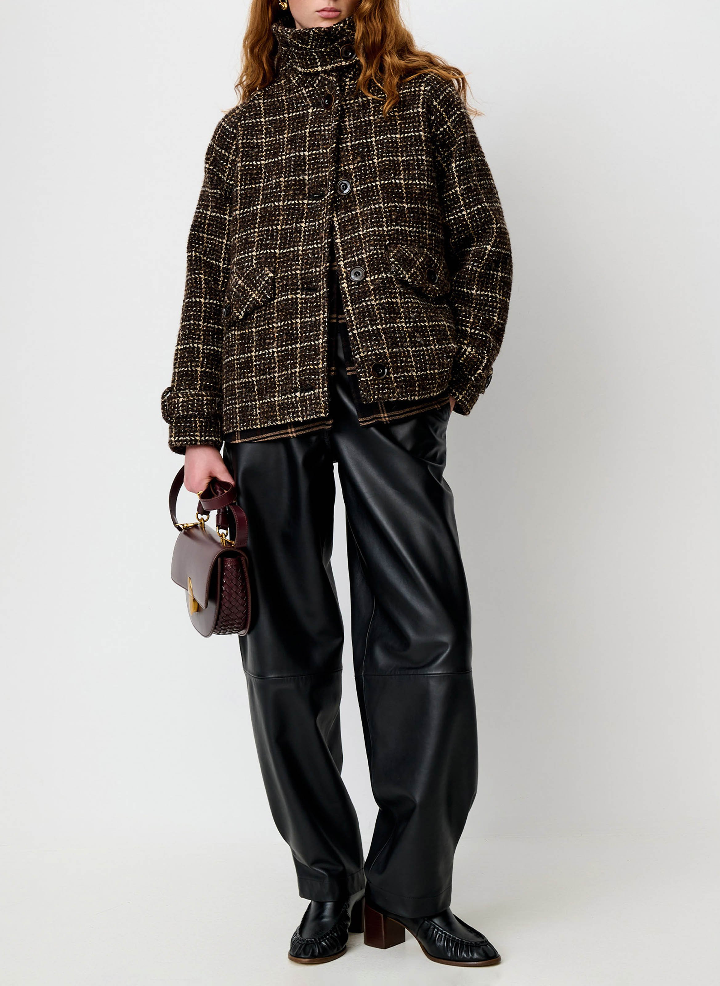 Oversized coat with a bomber jacket style in tartan weave SESSUN Brown