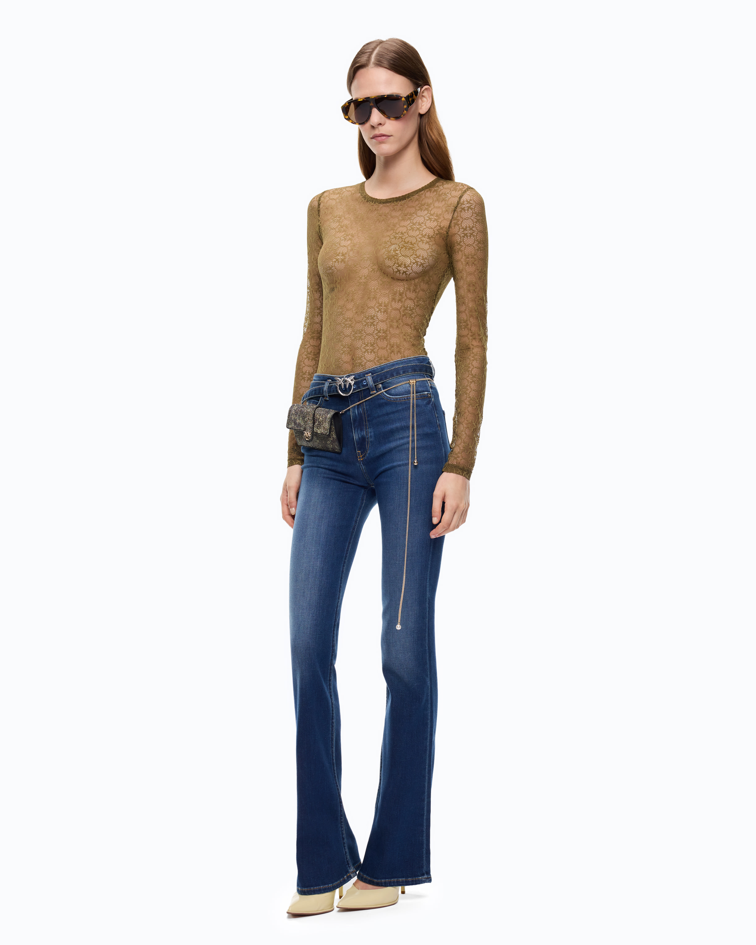 T-shirt en dentelle stretch à logo love birds PINKO Vert