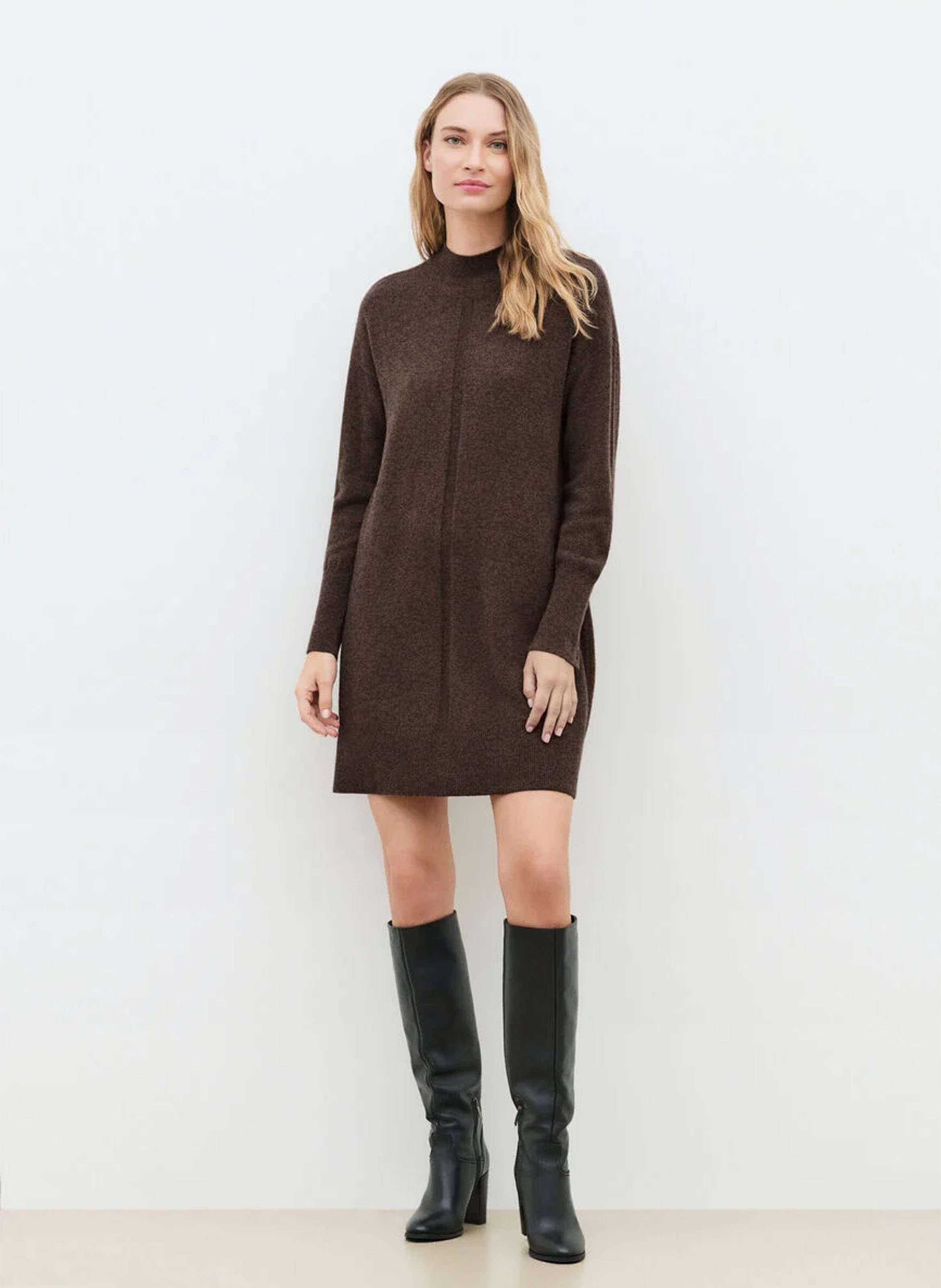 Robe courte col rond en laine mélangée CAROLL Marron