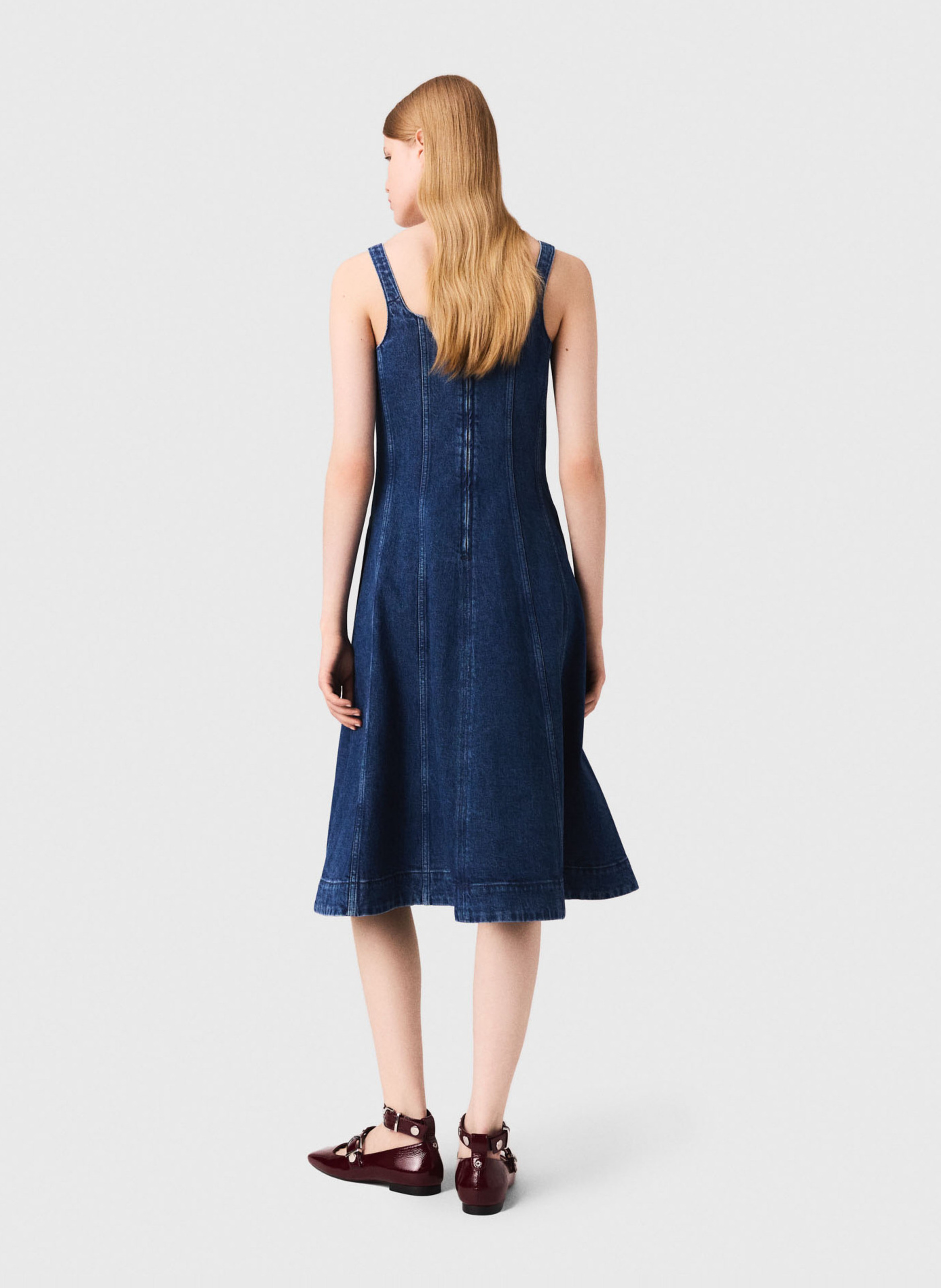 Midi square-neck cotton blend denim dress MAJE Blue
