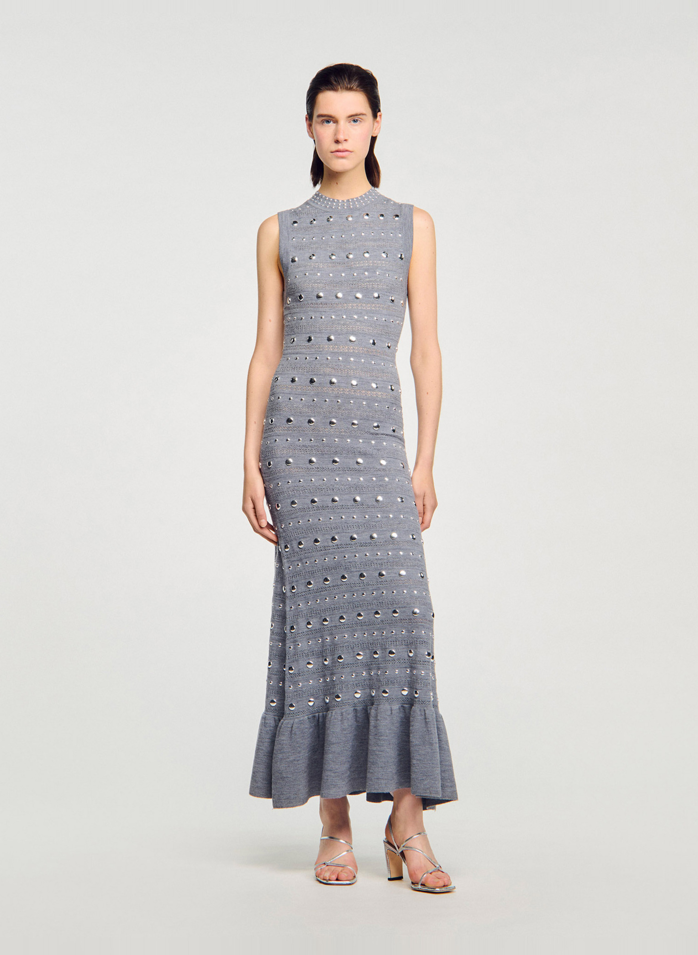 Lange aansluitende jurk met ronde hals in gemengde wol SANDRO Grijs