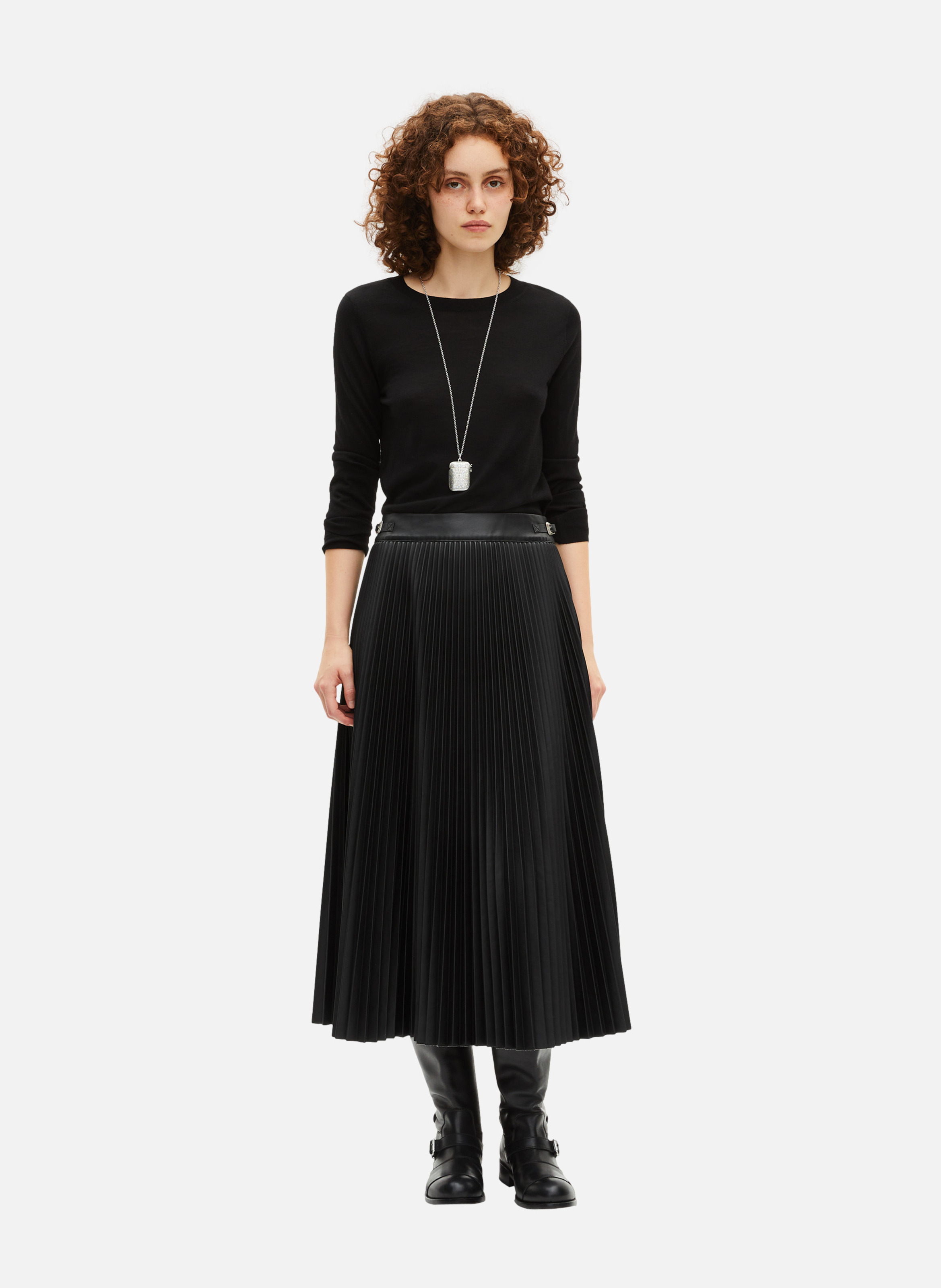 Pleated faux leather long skirt THE KOOPLES Black