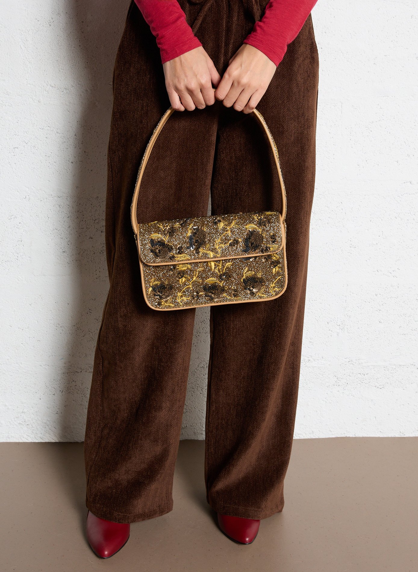 Sac épaule à perles motif floral  STAUD Doré