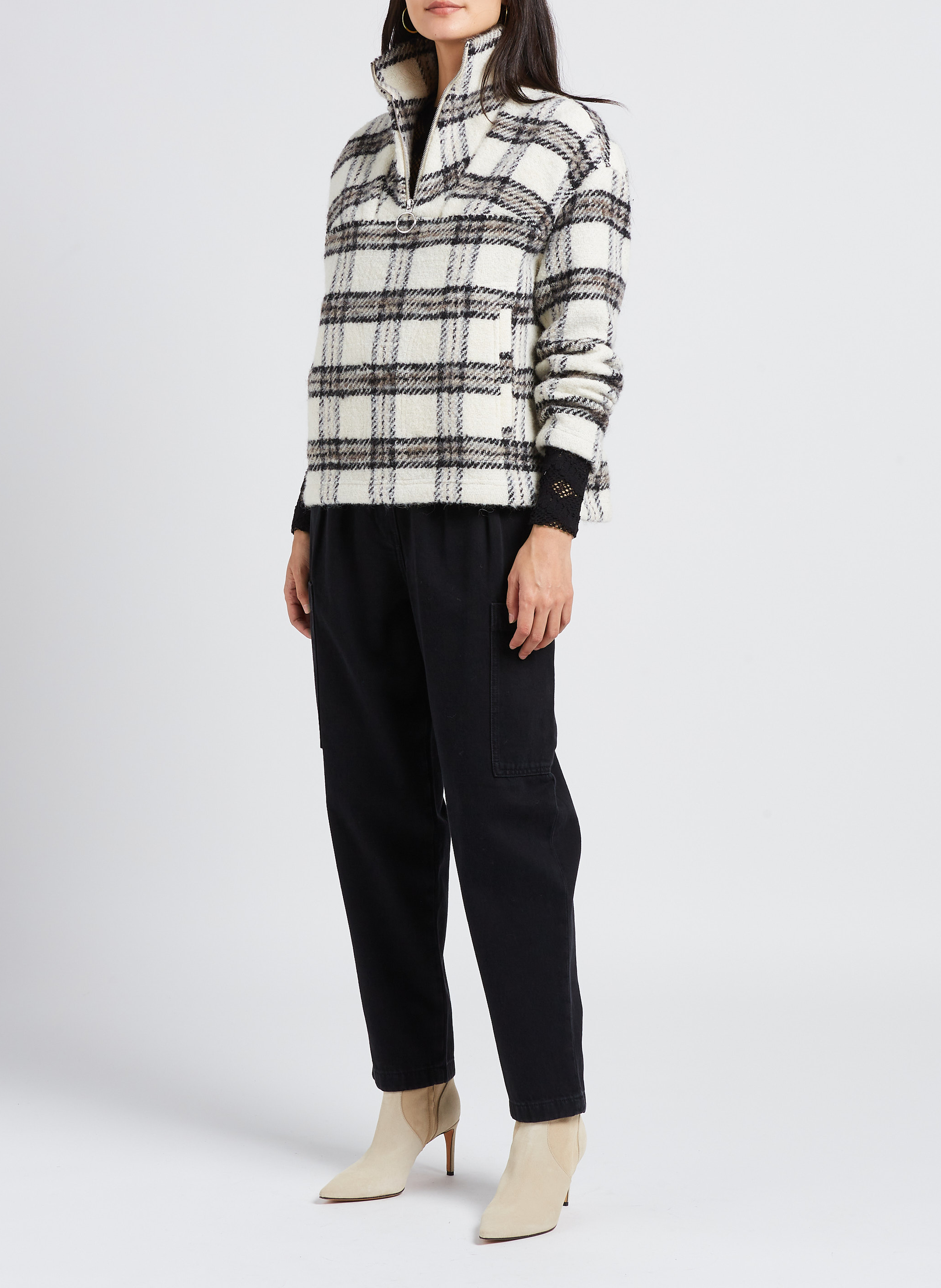 Checked wool-blend sweatshirt with zip-up high neck IRO Beige
