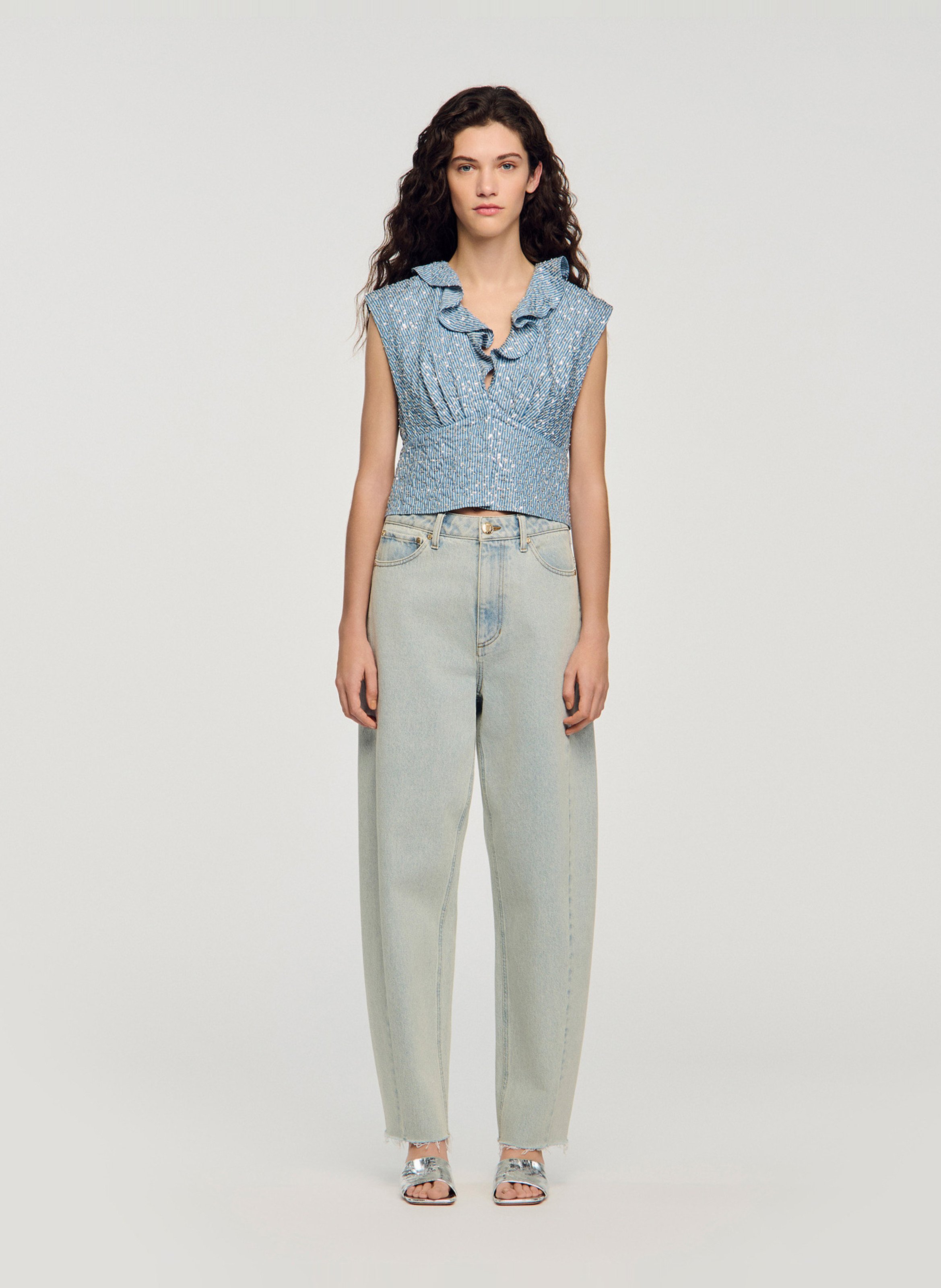 Korte aansluitende top met pailletten SANDRO Blauw