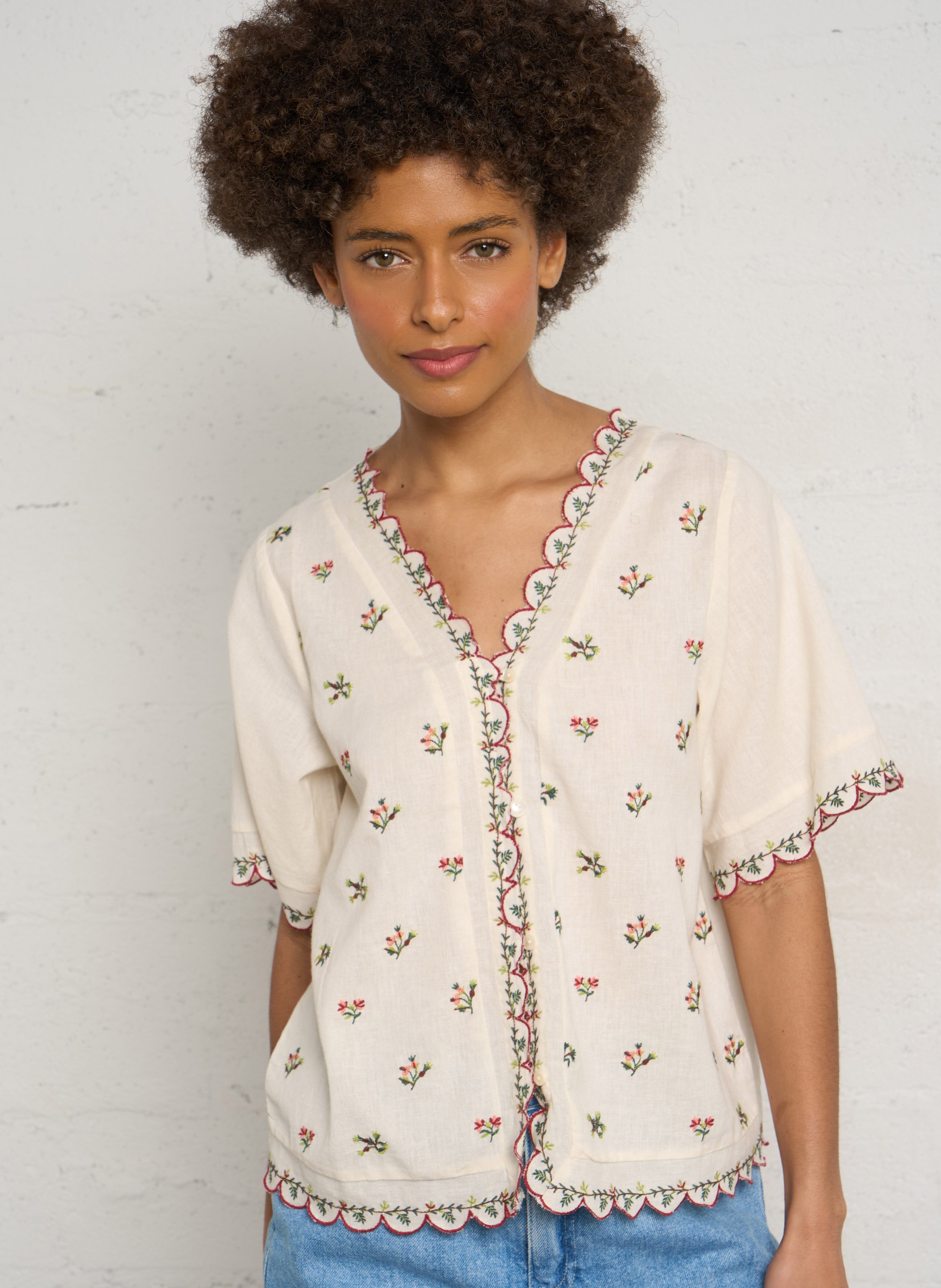 Embroidered V-neck blouse HOD PARIS Beige