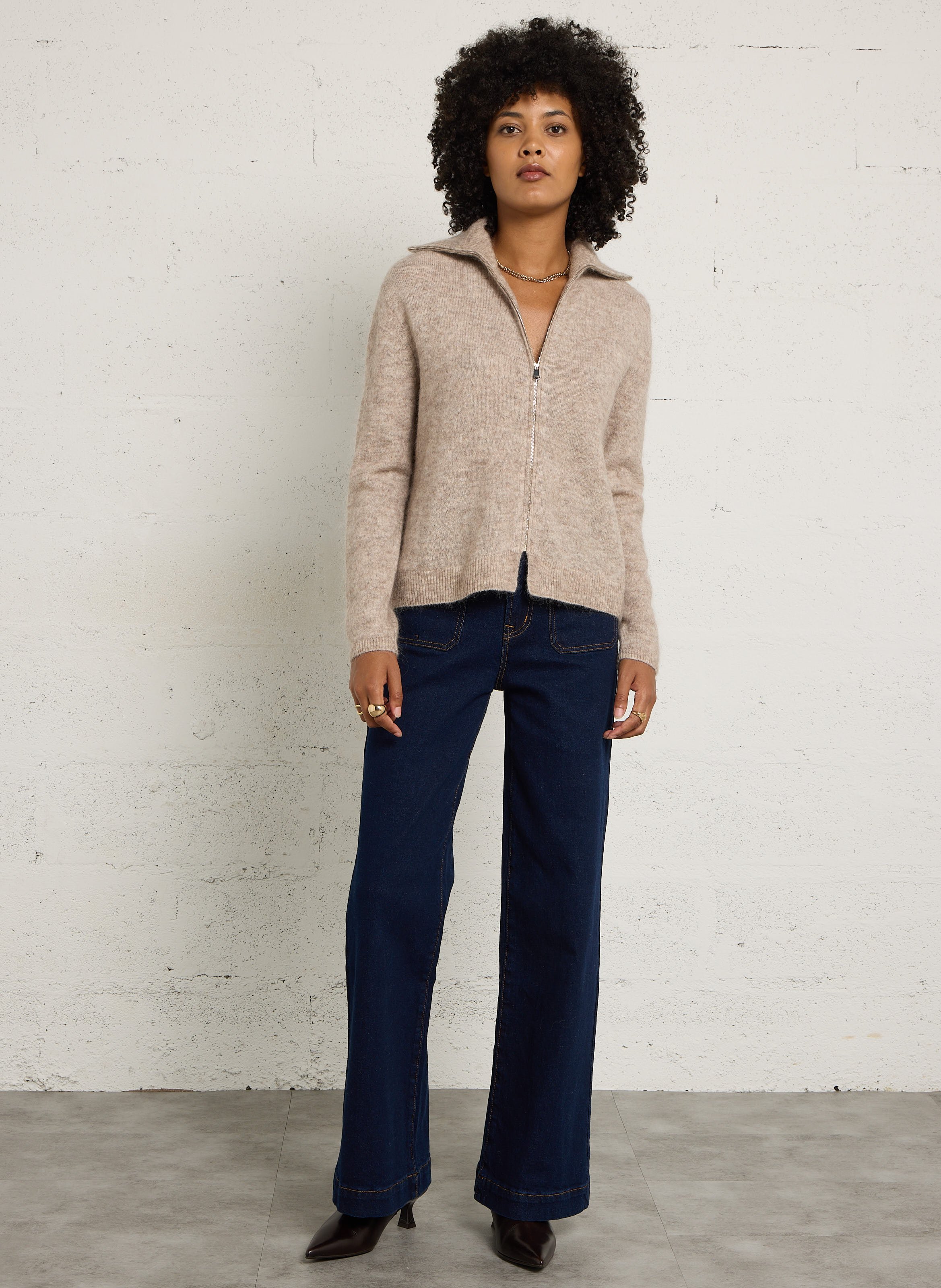 Gilet zippé en mohair et laine mélangée JC SOPHIE Beige